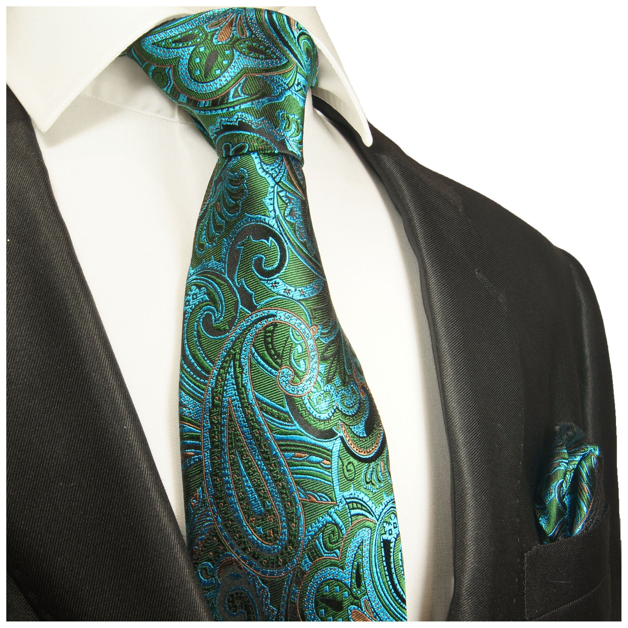 Paul Malone Krawatte Herren Einstecktuch) mit Seidenkrawatte 2008 türkis (Set, 100% blau modern (8cm), grün Tuch Breit 2-St., Schlips mit Seide Krawatte paisley
