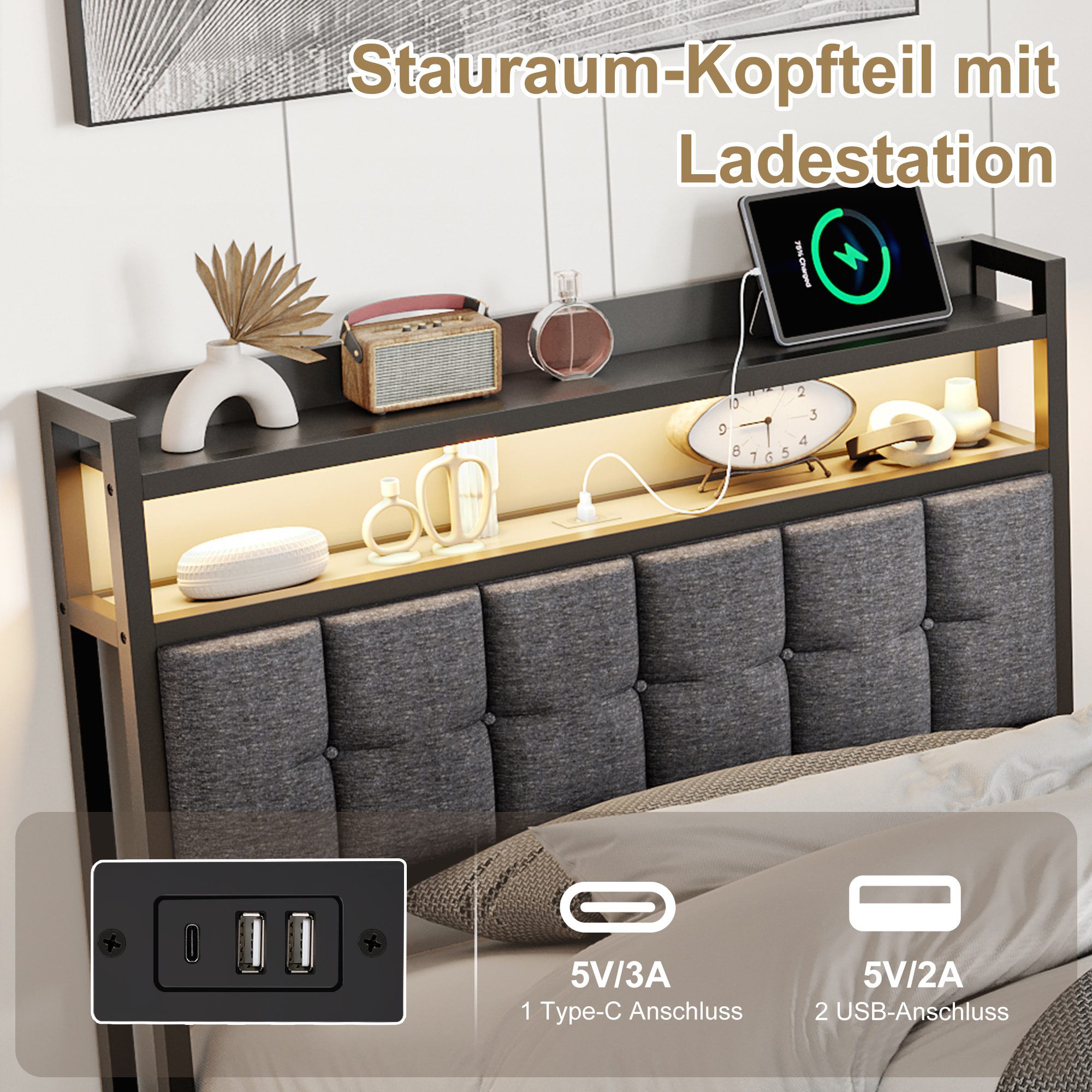 Simurq Polsterbett 90x200 mit Bettkasten, Einzelbett, Jugendbett, Bettgestell (1 tlg, ohne Matratze, Mit Lattenrost), Kopfteil mit Ablagefach, Mit Lattenrost, U – Bild 5 von 5