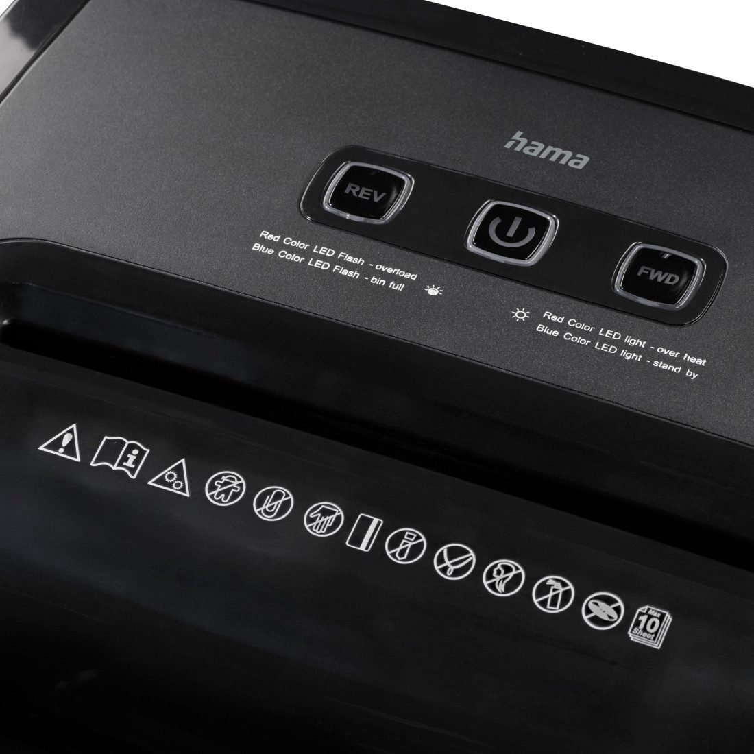 Hama Aktenvernichter Aktenvernichter Mikroschnitt (Papier + Plastik, Korb, 10 Blatt, P5), Mit Papierkorb, 2 x 12 mm Mini-Schnitzel, Automatik, Rücklauf