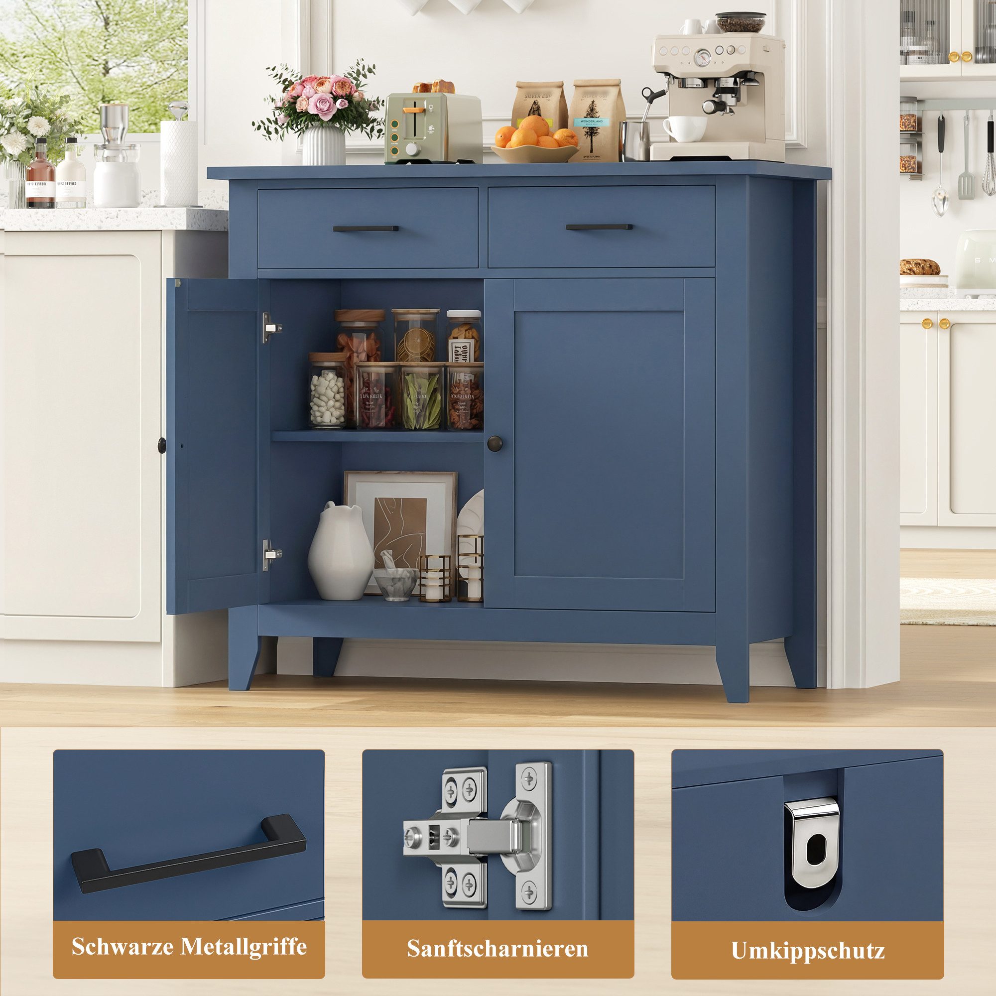 HOMECHO Buffet Sideboard Weiß Küchenschrank mit 2 Schubladen 2 Türen – Bild 3 von 5