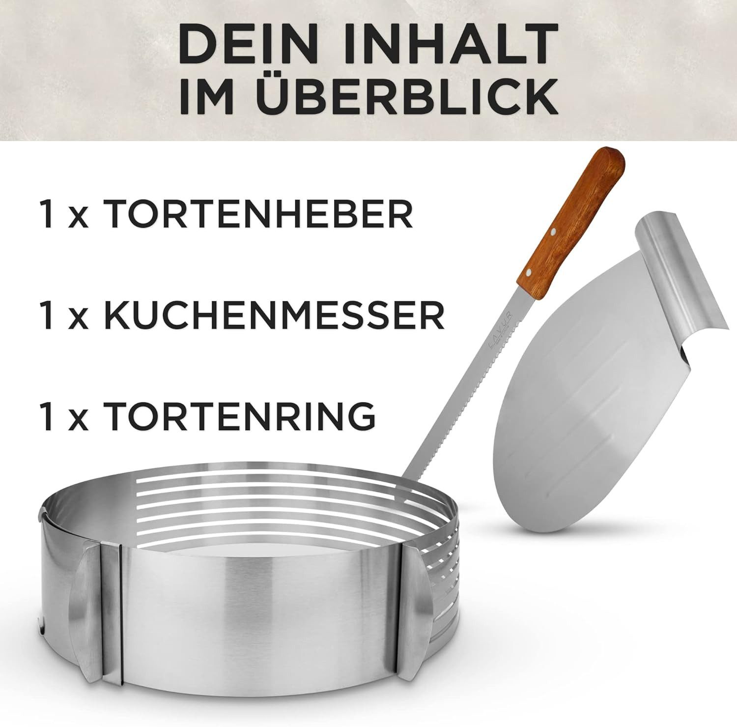LAVUR Tortenring Tortenring Set 3-teilig 23-30 cm verstellbar inkl. Retter & Messer, Edelstahl, Edelstahl, stufenlos einstellbar Ring & Retter spülmaschinenfest