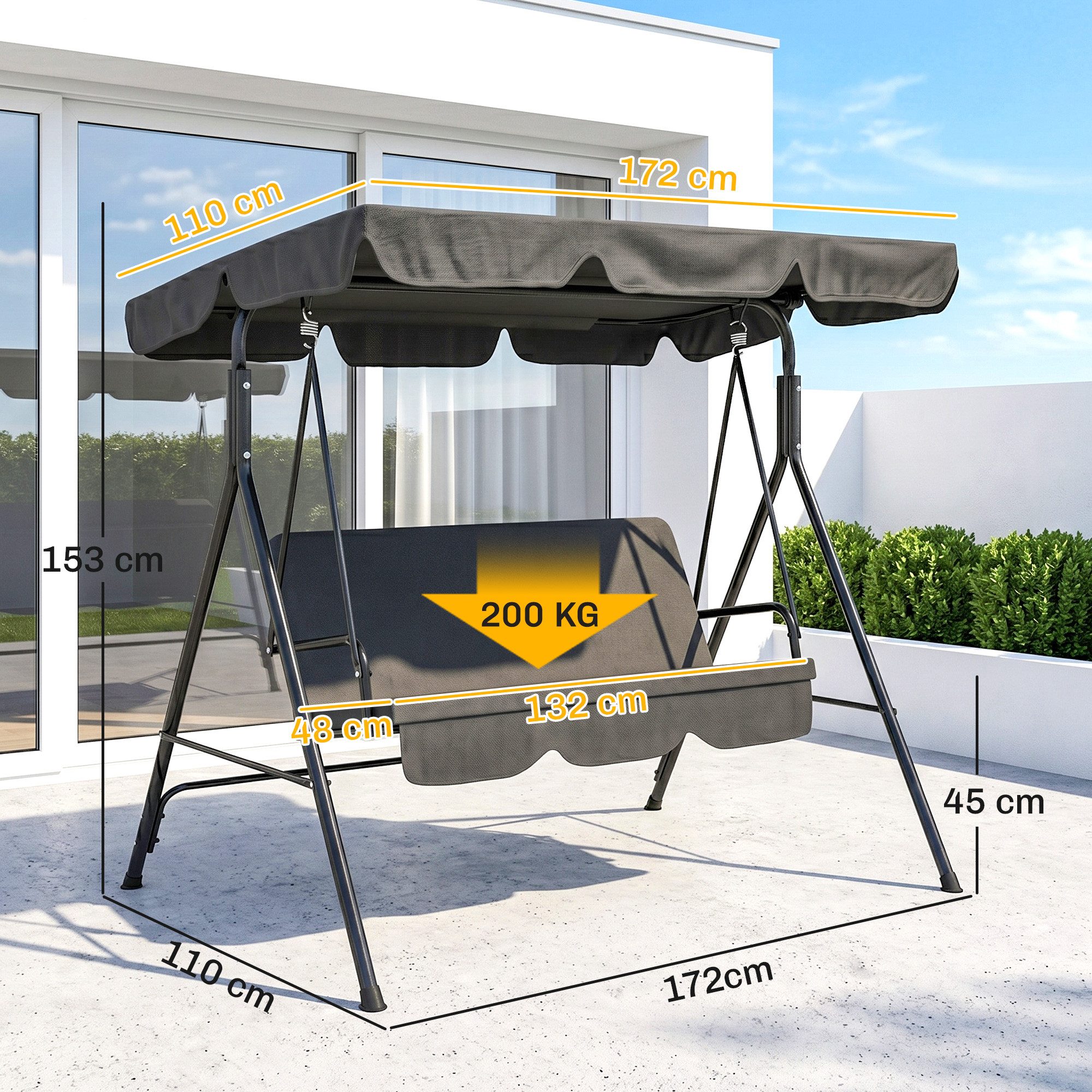 Outsunny Hollywoodschaukel Gartenschaukel, verstellbar, Schaukelbank belast bis 200 kg, 3-Sitzer, mit verstellbarem Dach, Schwingbank, 1 tlg., Gartenschaukel, Stahl Schwarz 172 x 110 x 153 cm