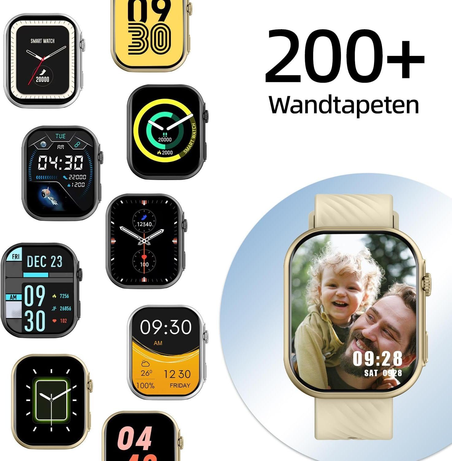 Blutdruckmessung, (Quadratischer AI und SNS-Benachrichtigung Smartwatch, Blutsauerstoff, mit Damen Yuede Herren mit Voice, Musiksteuerung Schlafqualität, Sportmodi, Smartwatch mehr uhr Gesundheits-Uhren als etc., Schrittzähler, 100 Zoll Wasserdichte Tracker IP67 für und IOS Gold Fitness Android Zoll) Sportuhr Anruffunktion mit Herzfrequenz, 2,01-Zoll-HD-Full-Touch-Farbdisplay Champagner für