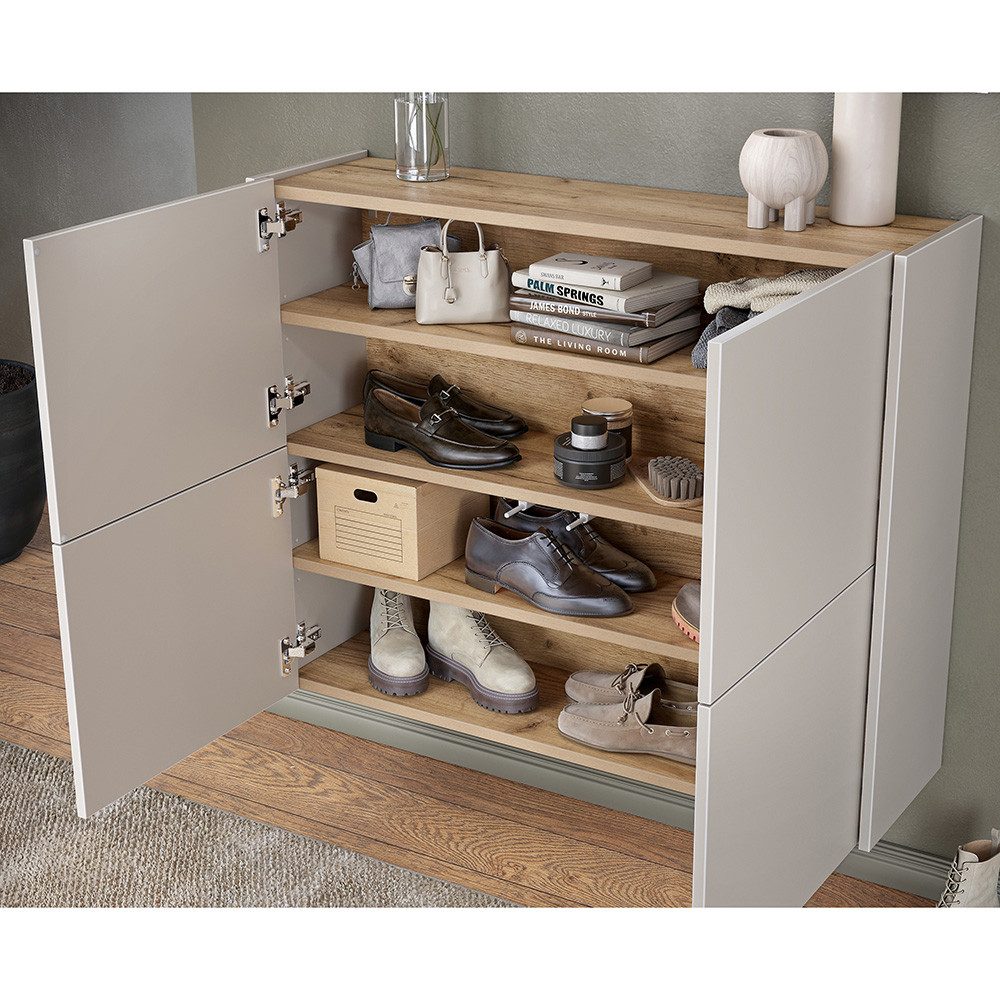 Lomadox Garderoben-Set BAIANO-01, (Spar-Set, 4-St., Garderobenspiegel Schuhschrank Garderobenpaneele), in beige und Eiche, grifflos, Push-to-Open