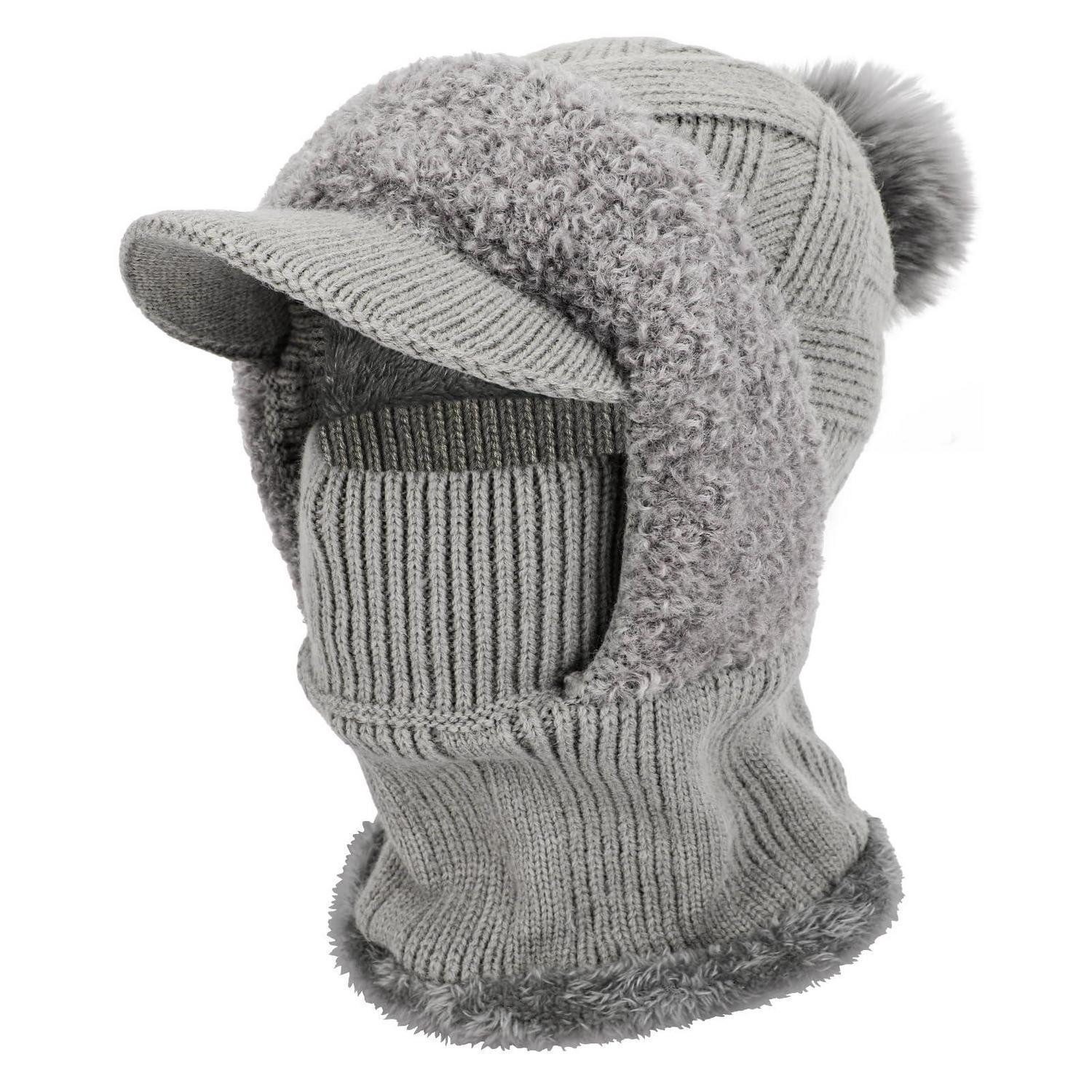 Sturmhaube Strickmütze Thermo Damen Beanie Halswärmer Fleece Grau