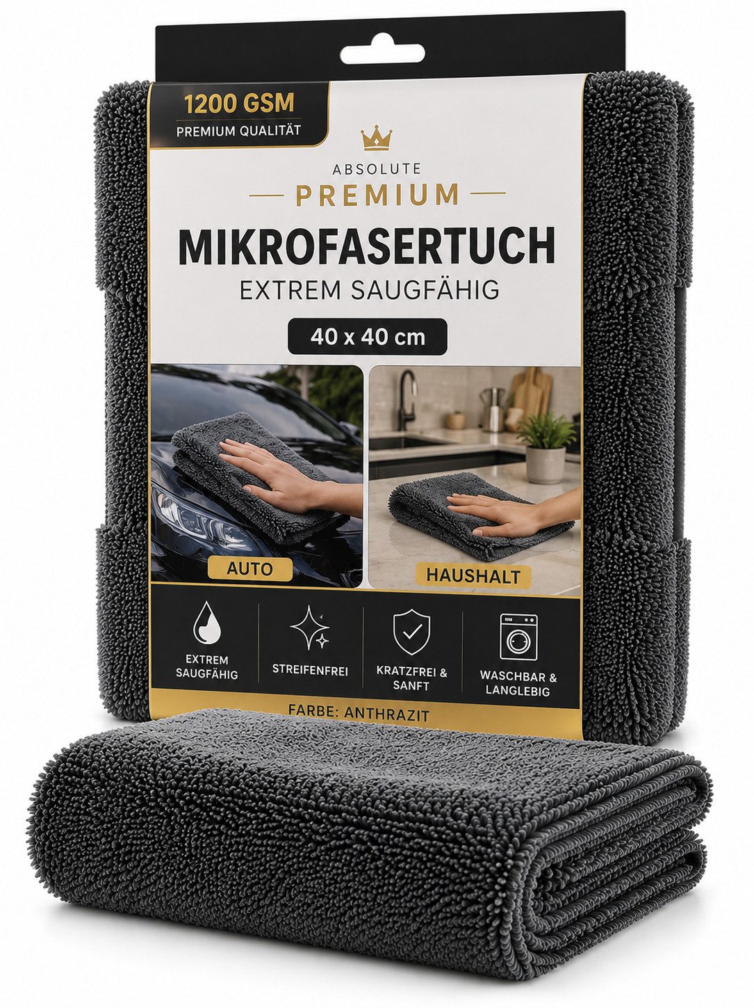 HH-Haushalt Premium Mikrofasertuch 40 x 40 cm Anthrazit 1200 GSM extrem saugstark Reinigungstücher