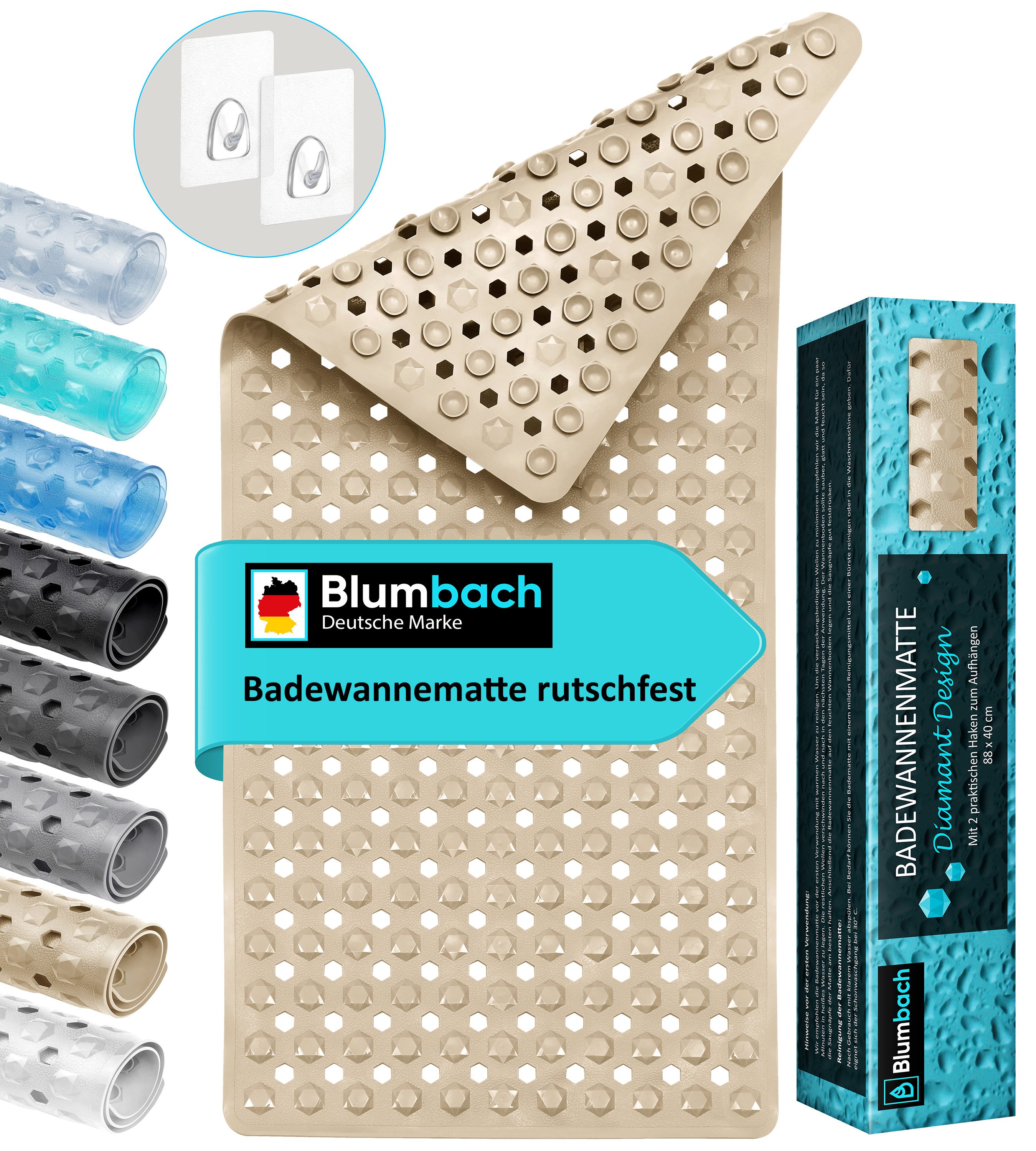 Blumbach Wanneneinlage Badewannenmatte rutschfest, Packung, inklusive 2 Klebehaken, rutschhemmend, mit Saugnäpfen, pflegeleicht