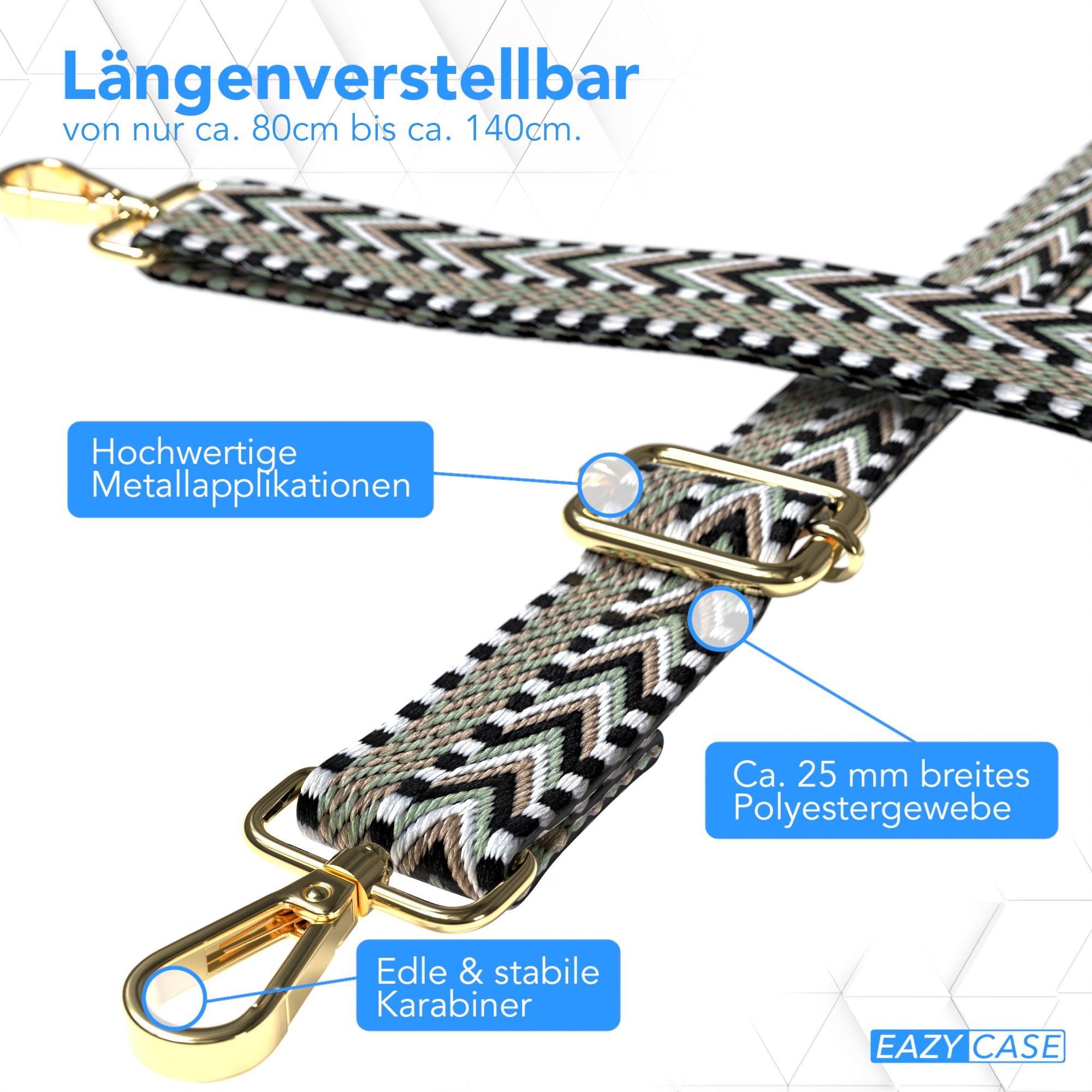 EAZY CASE Schulterriemen Ersatz Taschenriemen Boho Style Body Bag Wechselband Ersatzgurt mit Karabinerverschluss Metall Schwarz