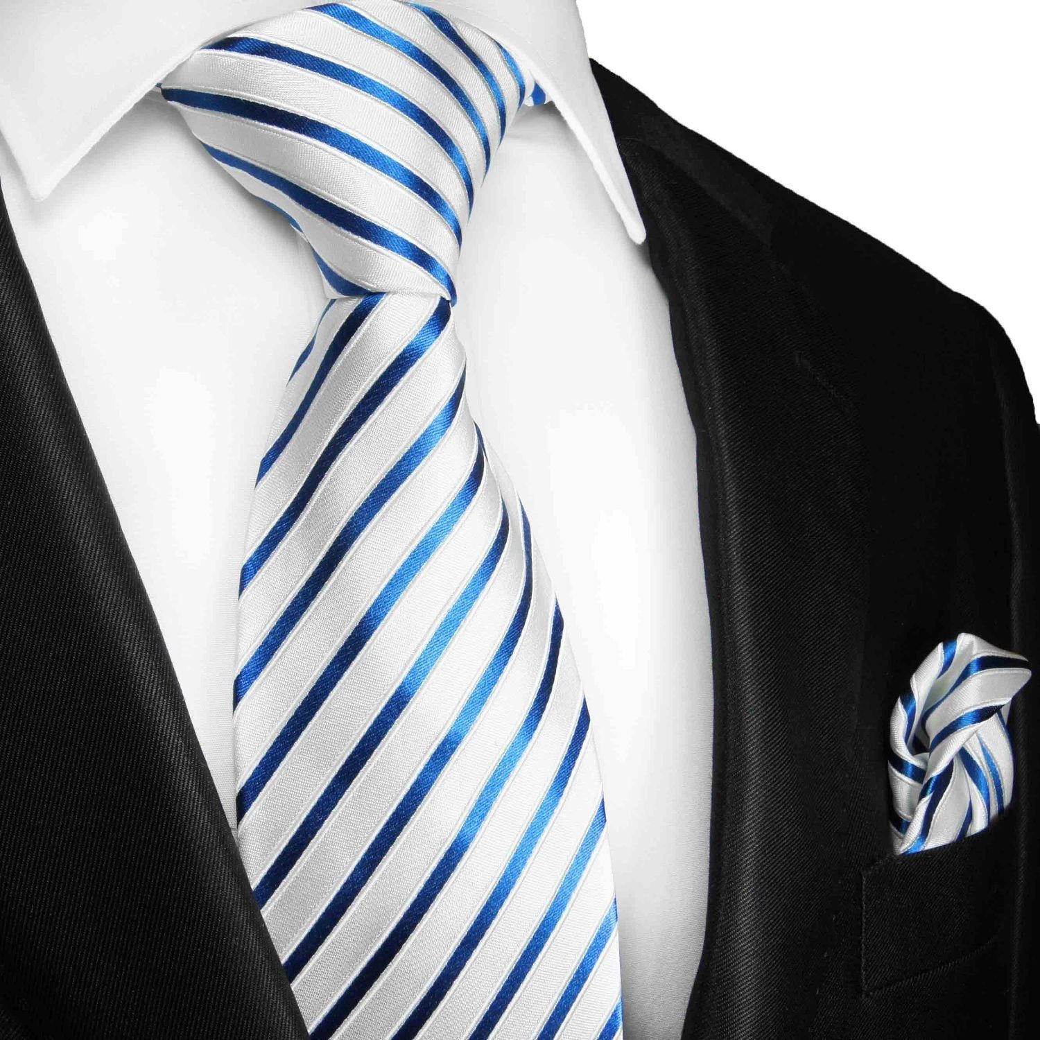 Paul Malone Krawatte Herren Seidenkrawatte mit Tuch modern gestreift 100% Seide (Set, 2-St., Krawatte mit Einstecktuch) Breit (8cm), blau weiß 2105