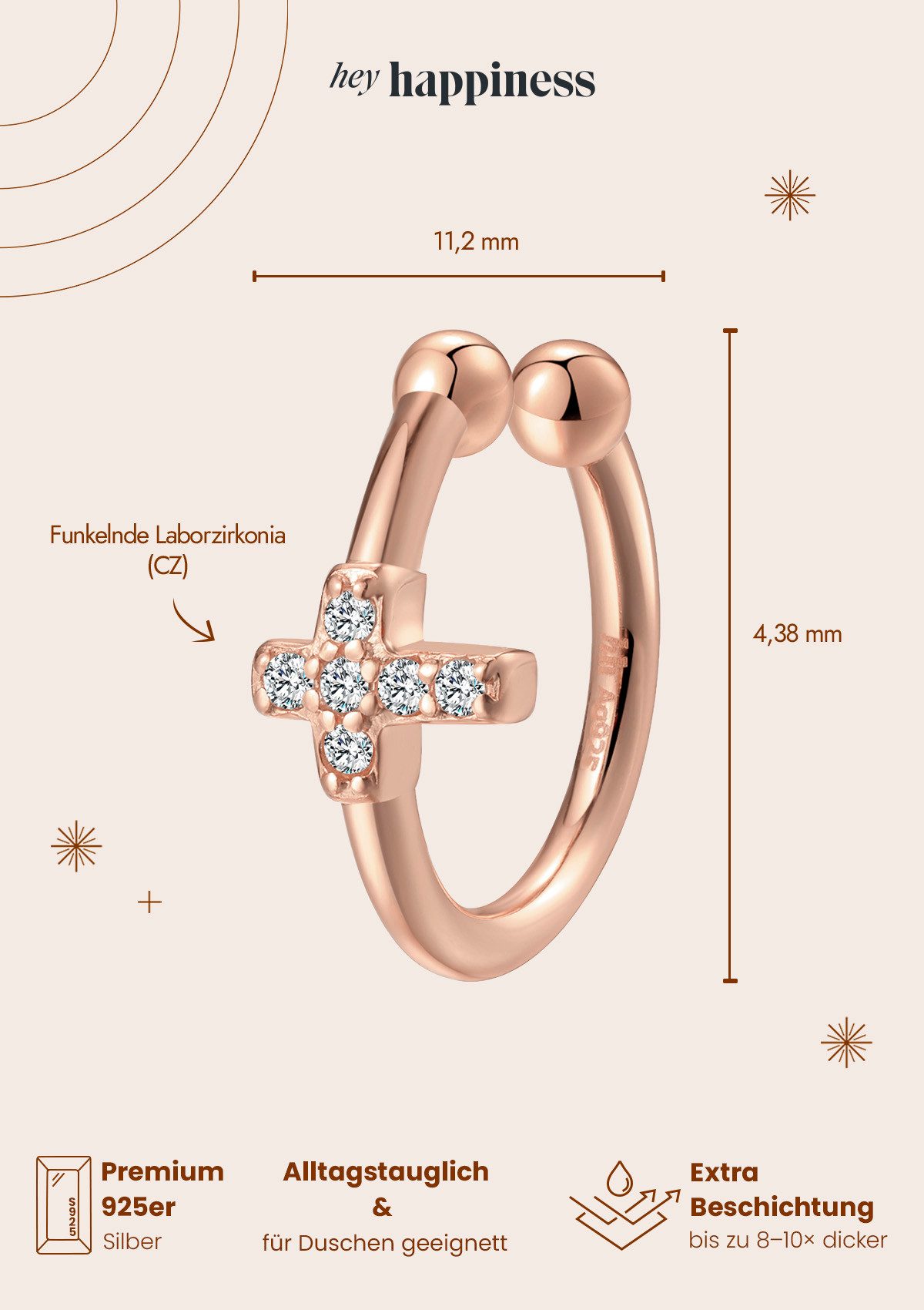 Hey Happiness Ohrklemme Mix und Match, aus 925 Silber vergoldet, Kreuz, Edelsteine oder Wellen Ohrring ohne Loch, Damen Ear Cuff