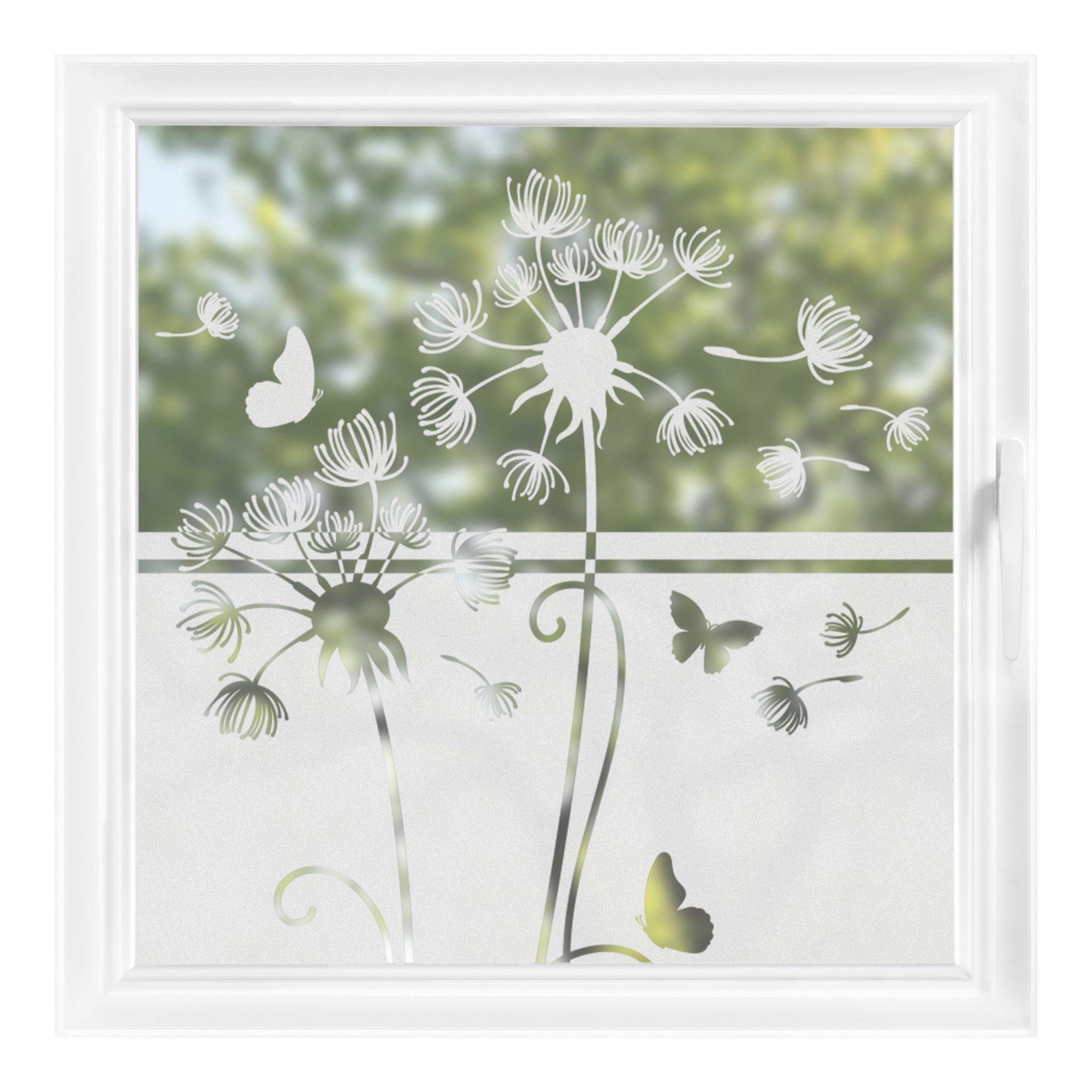 Bilderdepot24 Fensterfolie statisch haftend Motiv Fensterdeko Zwei Pusteblumen Bordüre Blume, blickdicht, Innen Fenster Tür Balkontür Küche Badezimmer Wohnzimmer Schlafzimmer