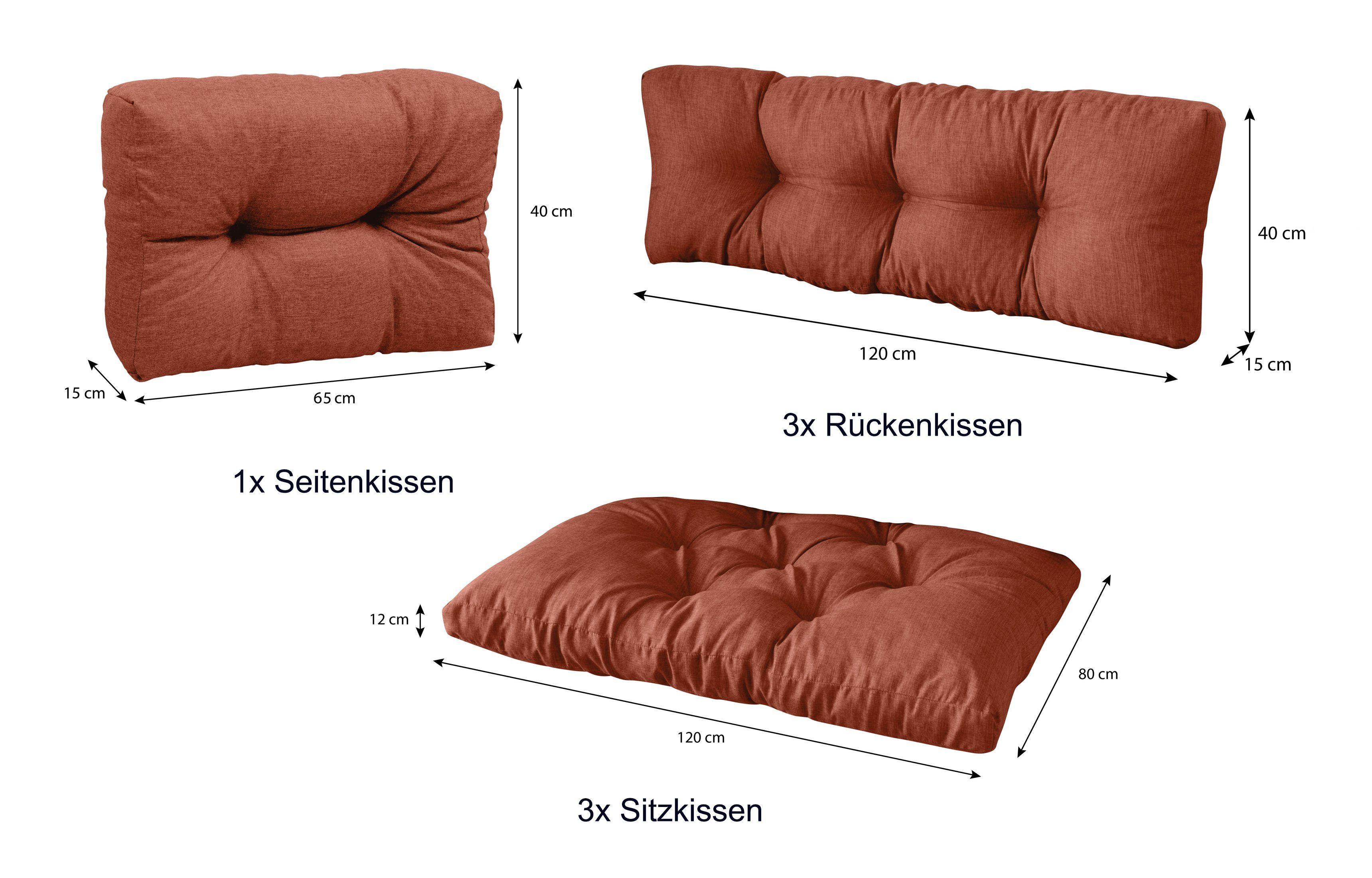 sunnypillow Palettenkissen 7er Set: palettenmöbel 3x palettencouch Sitzkissen polsterauflage Orange + x + 80 1x 120 Seitenkissen, Rückenkissen 3x