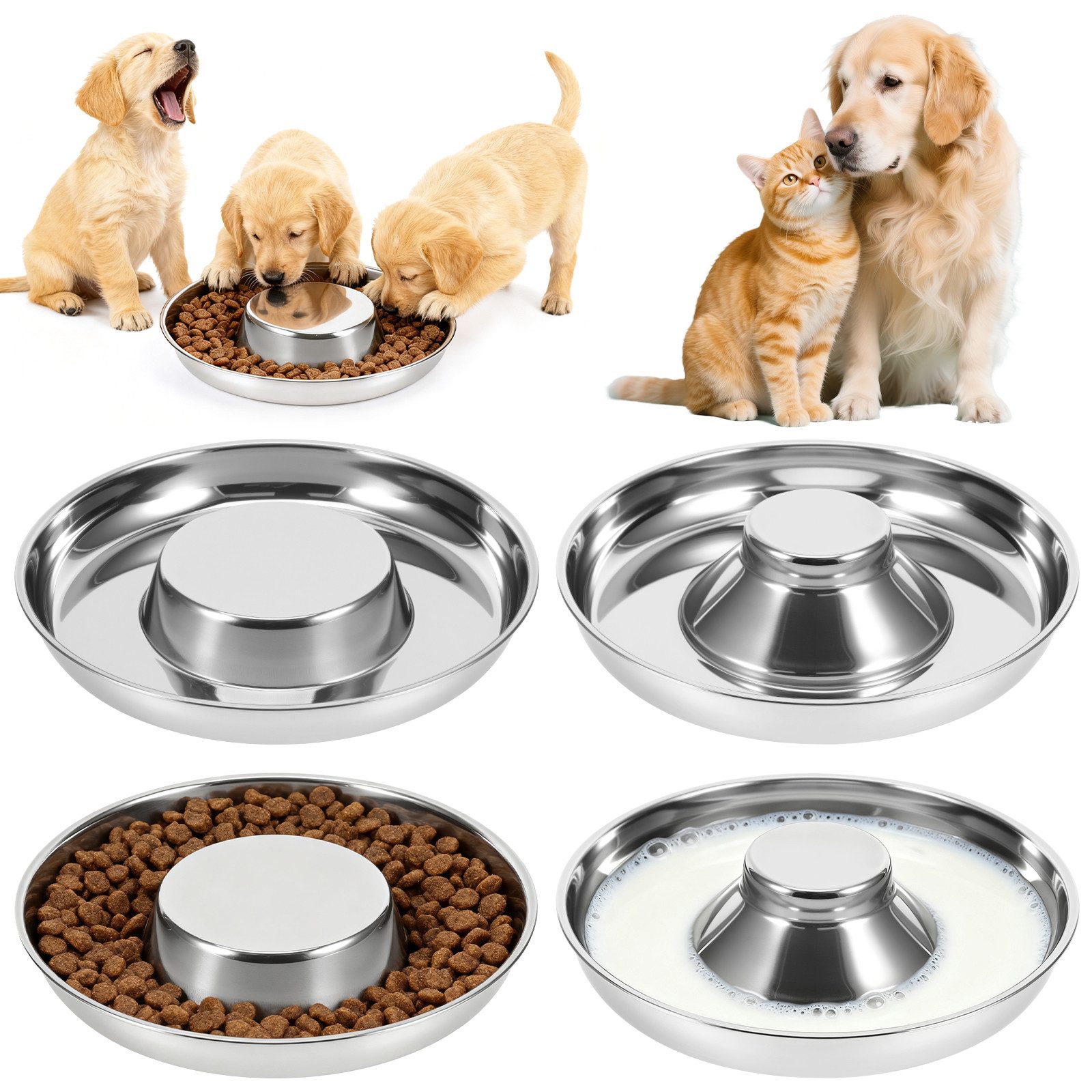 BlingBin Napf-Set 4 Stück Edelstahl Welpennäpfe Futternäpfe,Wassernapf, Edelstahl, Langsame Futternäpfe für kleine Hunde und Katzen, Welpen-Futterspender