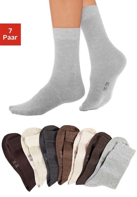 Lavana Basicsocken Damensocken meliert und uni (Packung, 7-Paar, Gr. 35-38 bis 39-42) mit druckfreiem Bündchen