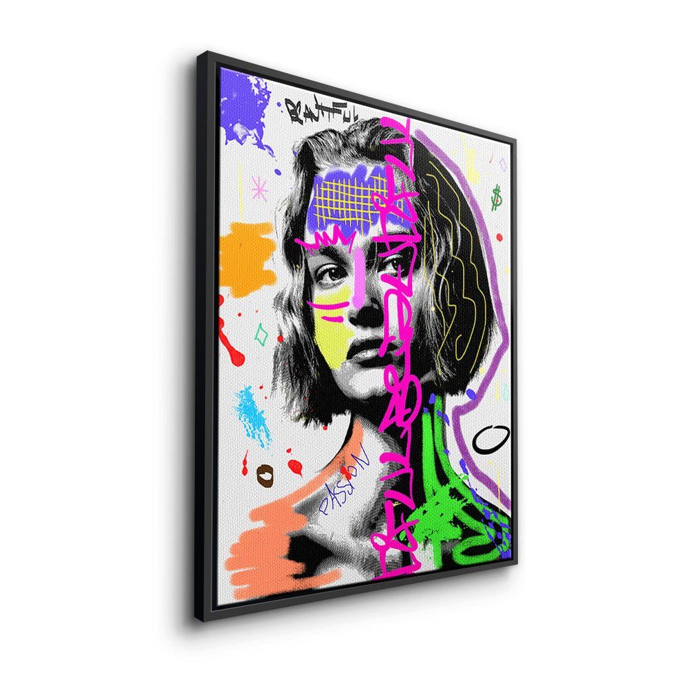 DOTCOMCANVAS® Leinwandbild, Leinwandbild Pop Art goldener Lady weiß Rahmen Rahmen mit Power Graffiti premium