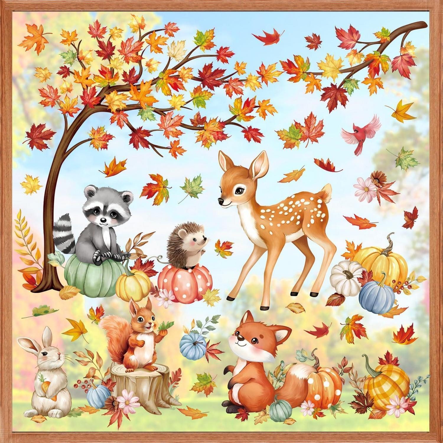 LuxusKollektion Fensterbild Fensterbilder Herbst Waldtiere Ahornblätter Baum Hirsch 9Stk