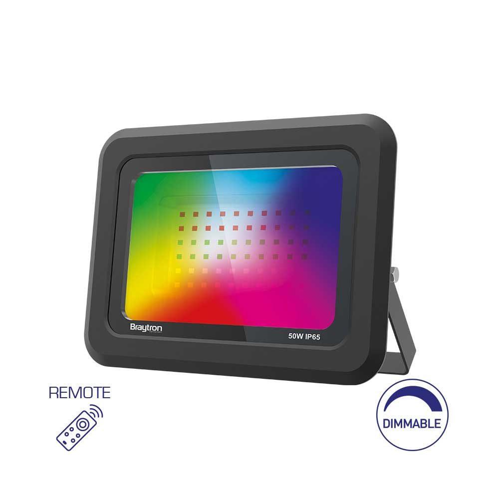 Braytron Außen-Wandleuchte 50w LED Fluter Außenleuchte Strahler RGB mit Fernbedinung aus Aluminiu, RGB, 50w, dimmbar, RGB, 35x195x156mm, schwarz, Aluminium, IP65, IK06, schwenkbar