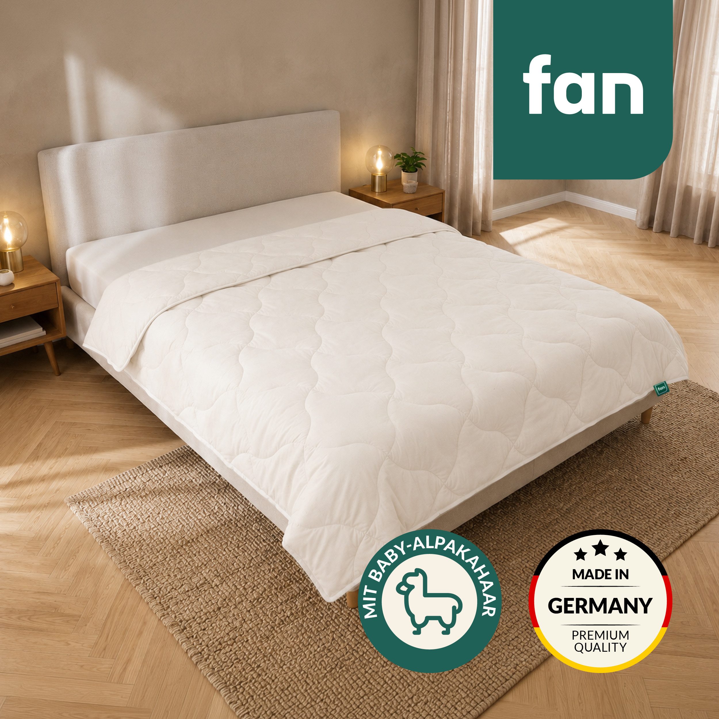 fan Naturhaarbettdecke Baby Alpaka, Bettdecke in 135x200 und weiteren Größen erhältlich, Füllung: 97% Alpaka & 3% sonstige Faser, Bezug: Bio-Baumwolle, Bettdecke aus Naturhaar hergestellt in Deutschland