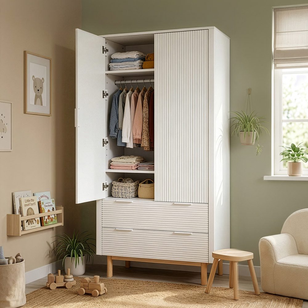 HOME DELUXE Kleiderschrank COCO - 100 × 50 × 200 cm (inkl. 2 Schubläden & Kleiderstangen) Kinderkleiderschrank mit Lamellenfronten – Bild 2 von 5