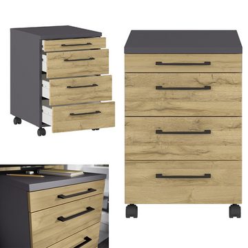 Lomadox Schreibtisch PRATO-01, Büromöbel Set Aktenschrank Rollcontainer Regal Graphit grau Eiche