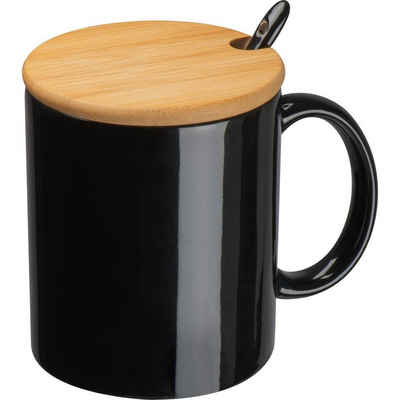 Livepac Office Tasse Keramiktasse mit Löffel und Bambusdeckel / Farbe: schwarz