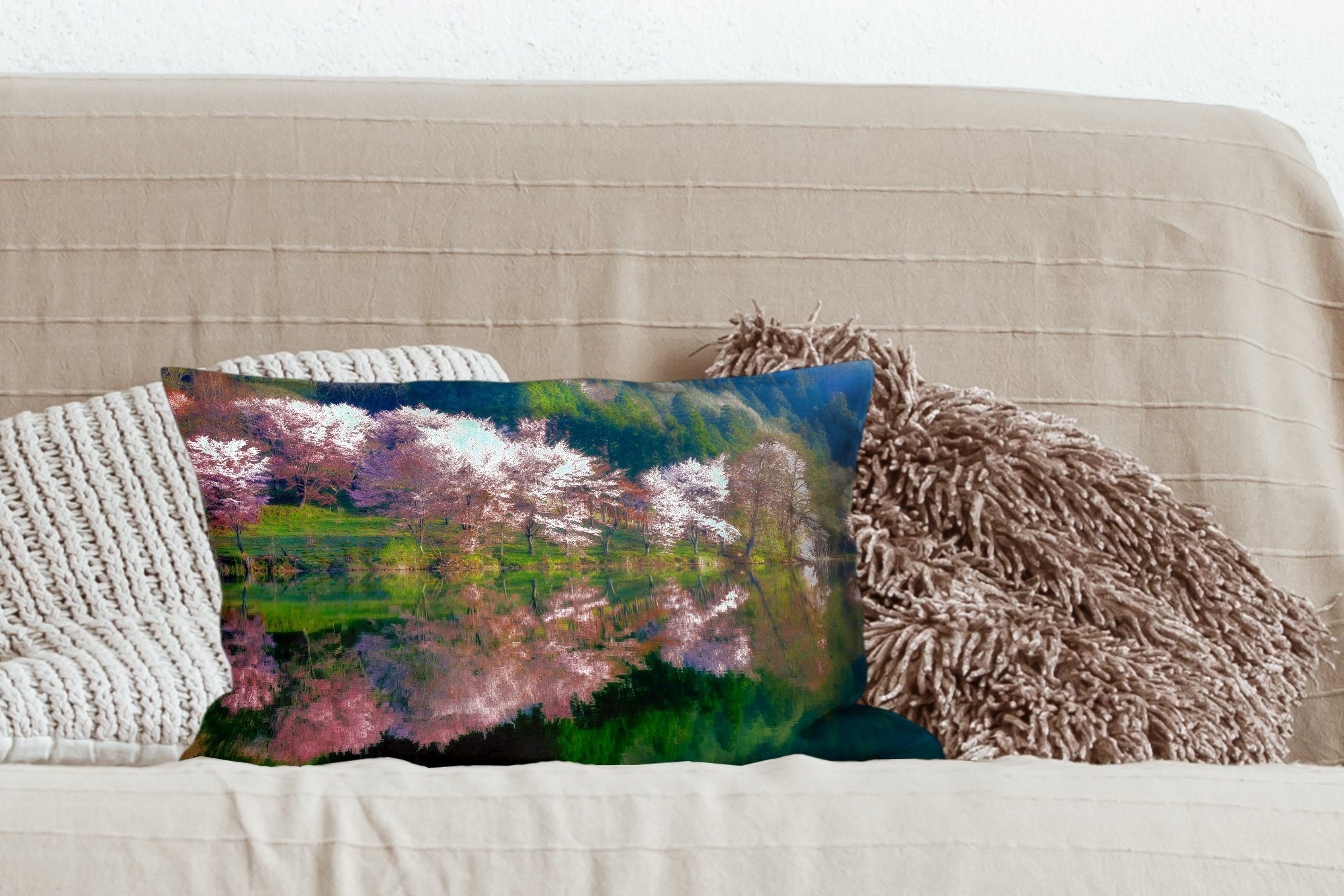 MuchoWow Dekoration, - Schlafzimmer Wohzimmer Bäume Rosa - Frühling, Dekokissen Füllung, mit Zierkissen, Dekokissen