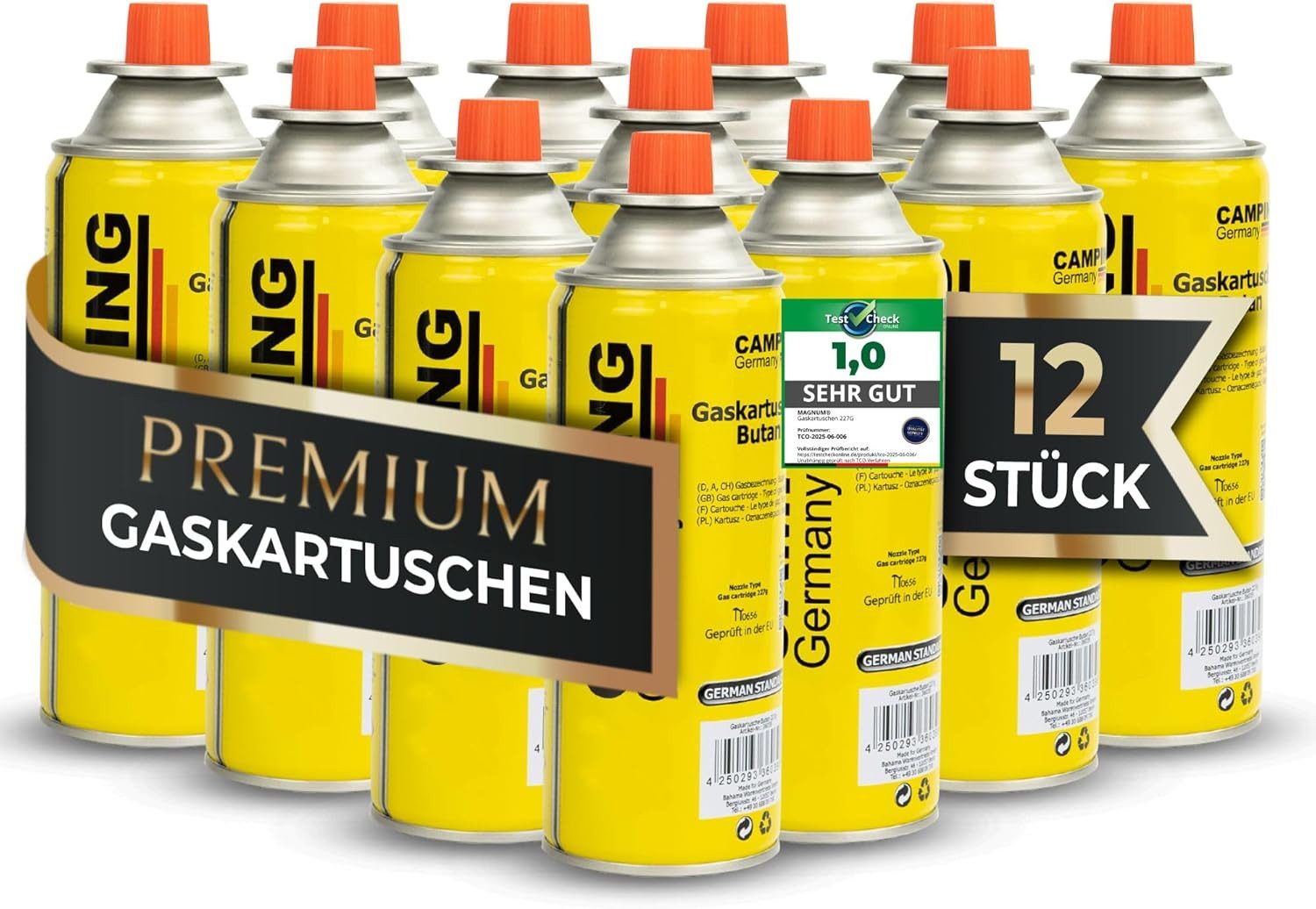 Magnum Wave Gaskartusche Gaskartuschen 12x 227 g [Made in EU] Butangas MSF-1a EN417, Zubehör für Camping, Grill, Gasheizung, Unkrautbrenner, Bunsenbrenner, Lötlampe, 12 St., 12 x 227 g · Made in EU · MSF-1a Ventil · EN417