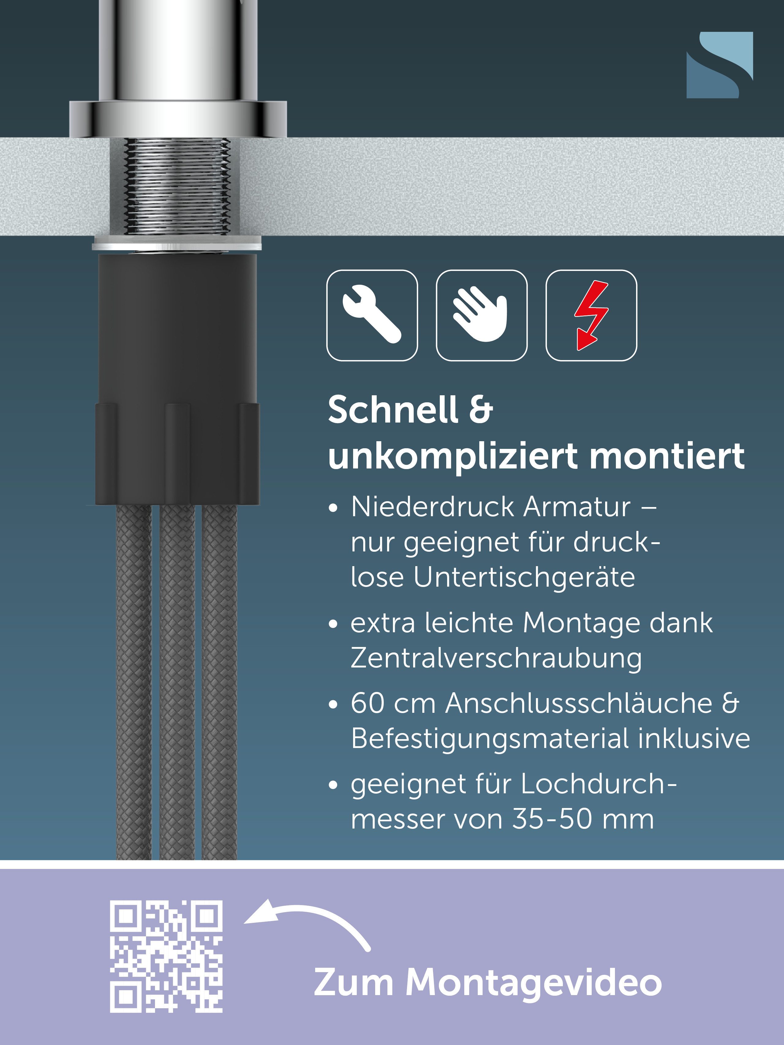 Schütte Spültischarmatur Cornwall Niederdruckarmatur, Dripless, 360° schwenkbar, Marken-Strahlregler