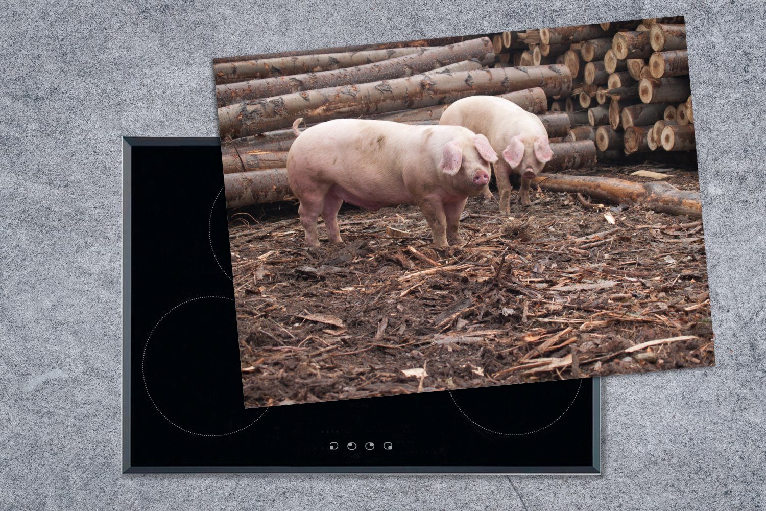 MuchoWow Herdblende-/Abdeckplatte Schweine - Holz - 70x52 tlg), Baum, nutzbar, Mobile Arbeitsfläche cm, Vinyl, Ceranfeldabdeckung (1