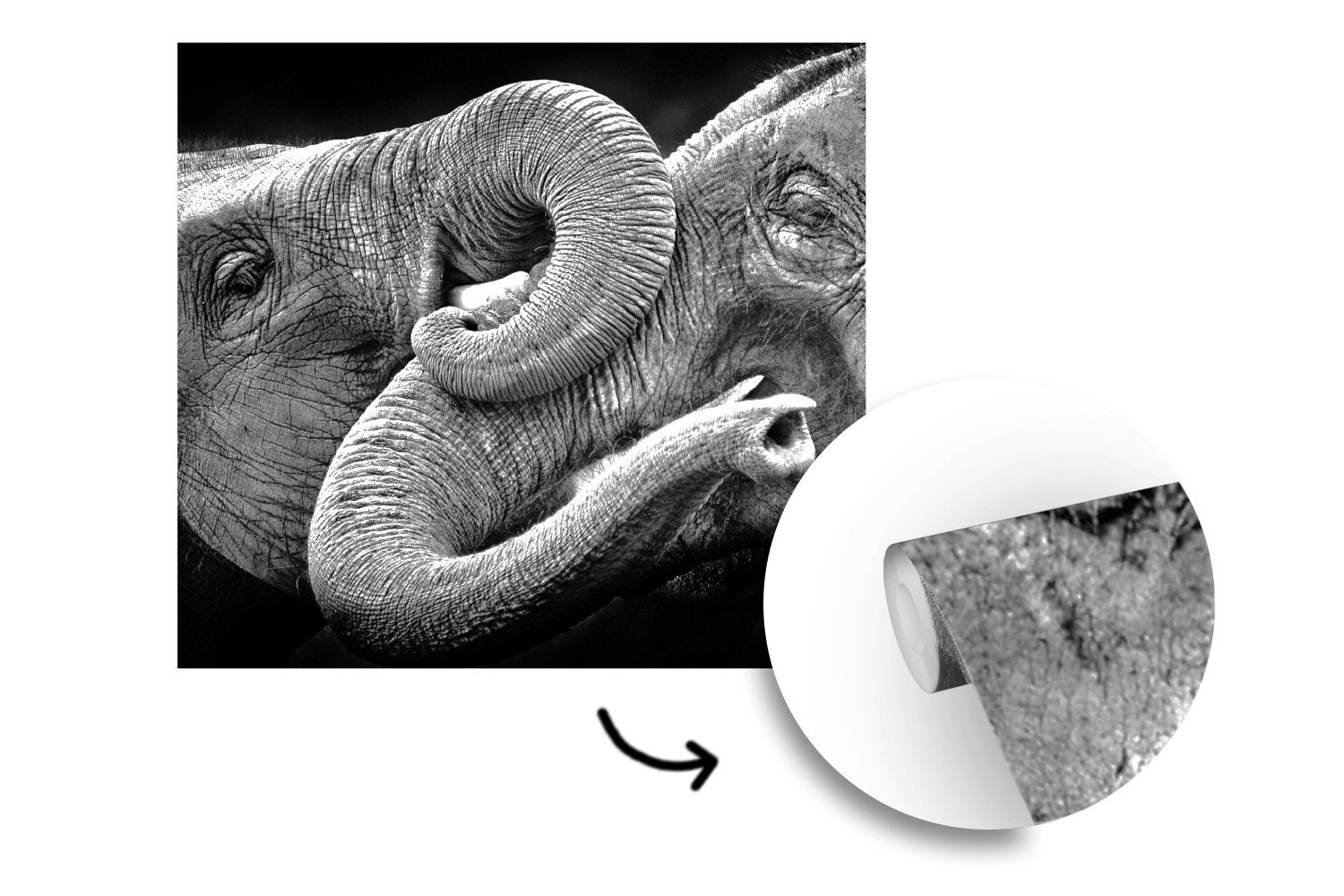 MuchoWow Fototapete für Schlafzimmer, - St), Wohnzimmer Wandtapete Elefant oder - (5 Matt, Tapete - Tiere bedruckt, Vinyl Schwarz Weiß