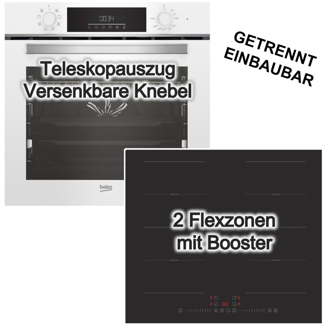 BEKO Backofen-Set Teleskopauszug SteamShine weiss + PKM Induktionsfeld Booster Flex, mit 1-fach Teilauszug, Steam Clean