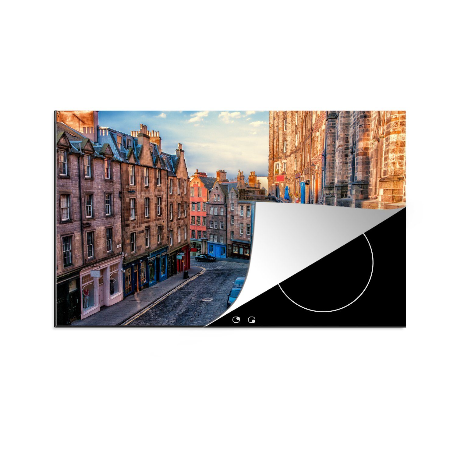 MuchoWow Herdblende-/Abdeckplatte Haus - Architektur - Straße - Edinburgh, Vinyl, (1 tlg), 81x52 cm, Induktionskochfeld Schutz für die küche, Ceranfeldabdeckung