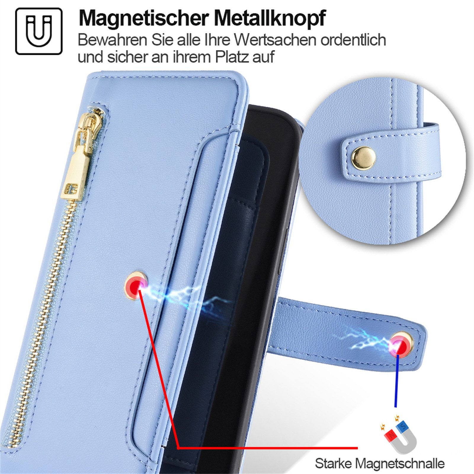 betterfon Handykette für Google Pixel 10 / 10 Pro mit Band Kartenfächer PU Leder Hellblau, Hände frei - mit Silikonhülle & Schnur für flexiblen Alltag – Bild 5 von 5