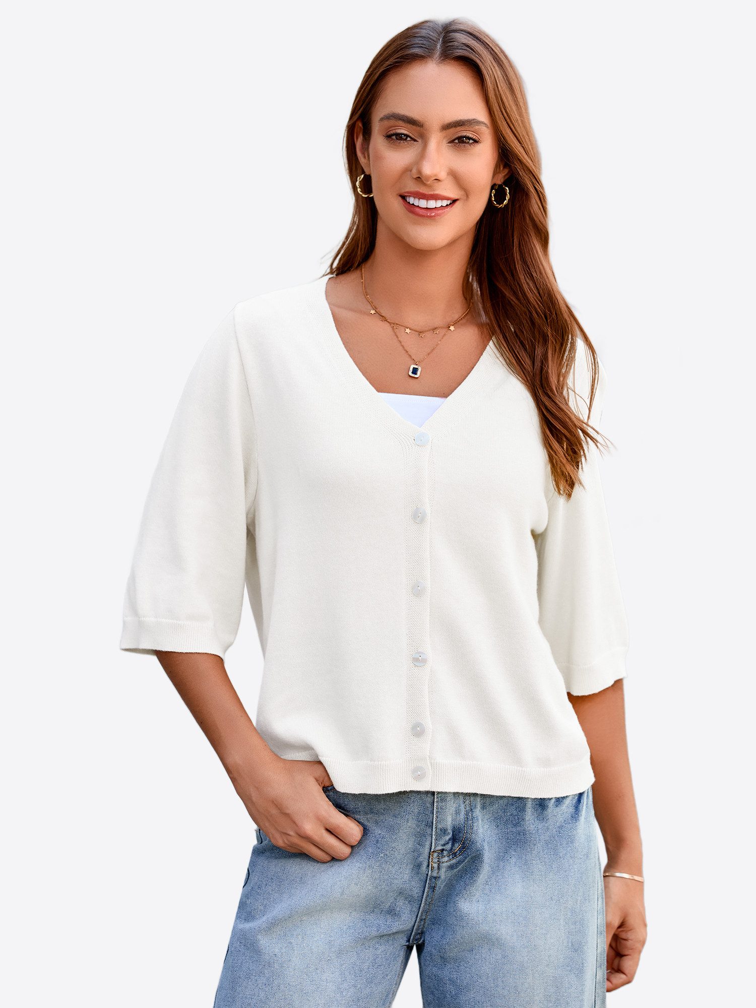 Imily Bela Kurzarmpullover Damen Lässige Strickpullover mit Knöpfen (Packung, 1-tlg., 1per-Pack) mit V-Ausschnitt