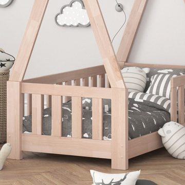 VitaliSpa® Kinderbett Kinderhausbett Rausfallschutz 70x140cm TIPI Natur Matratze