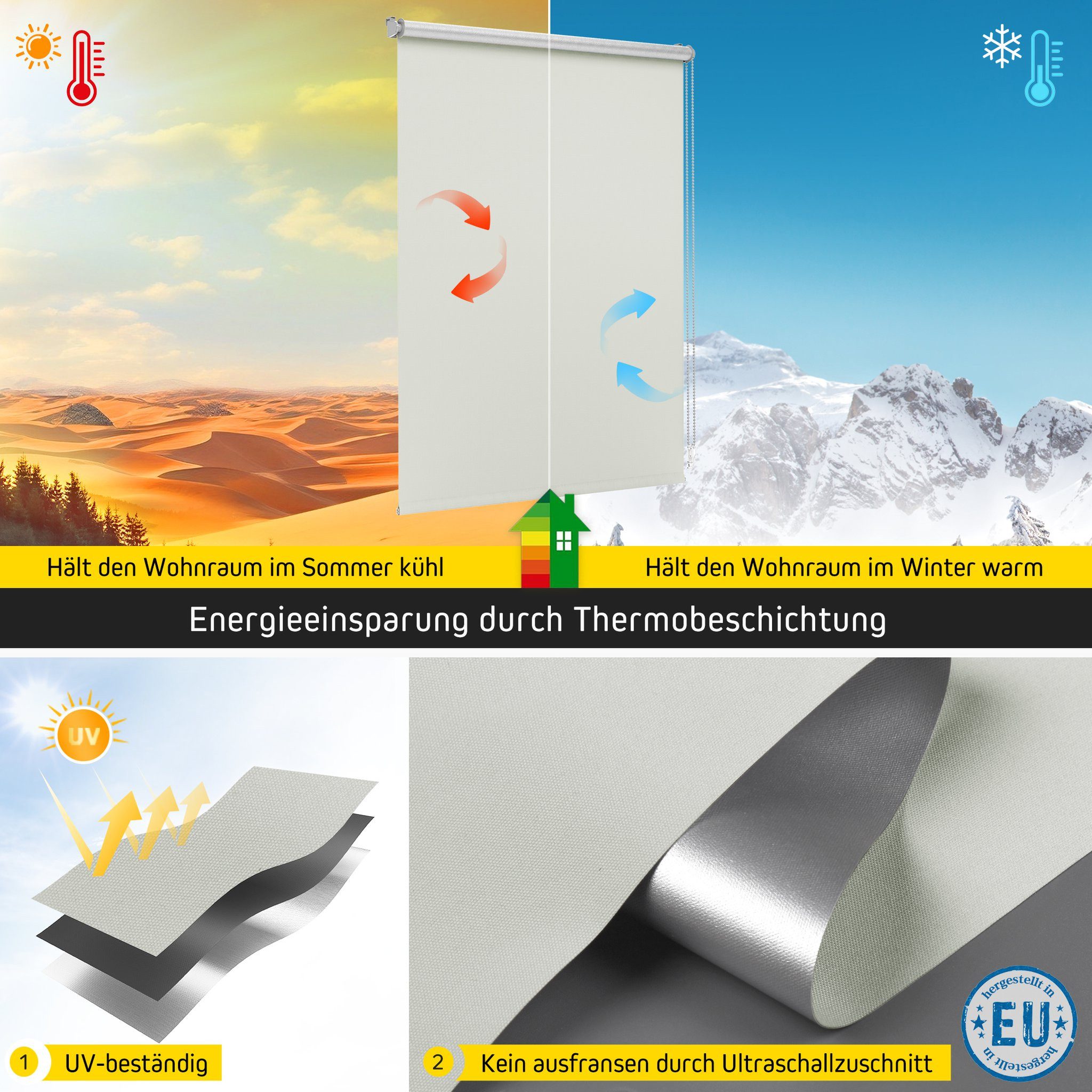 Verdunklungsrollo Thermorollo, 32,5 x 100 cm, grau [Stoffbreite 29,1 cm], jalousiescout, verdunkelnd, ohne Bohren, freihängend, Klemmfix, Thermo-Rollo Vollverdunkelnd Thermo-Beschichtung, energiesparend