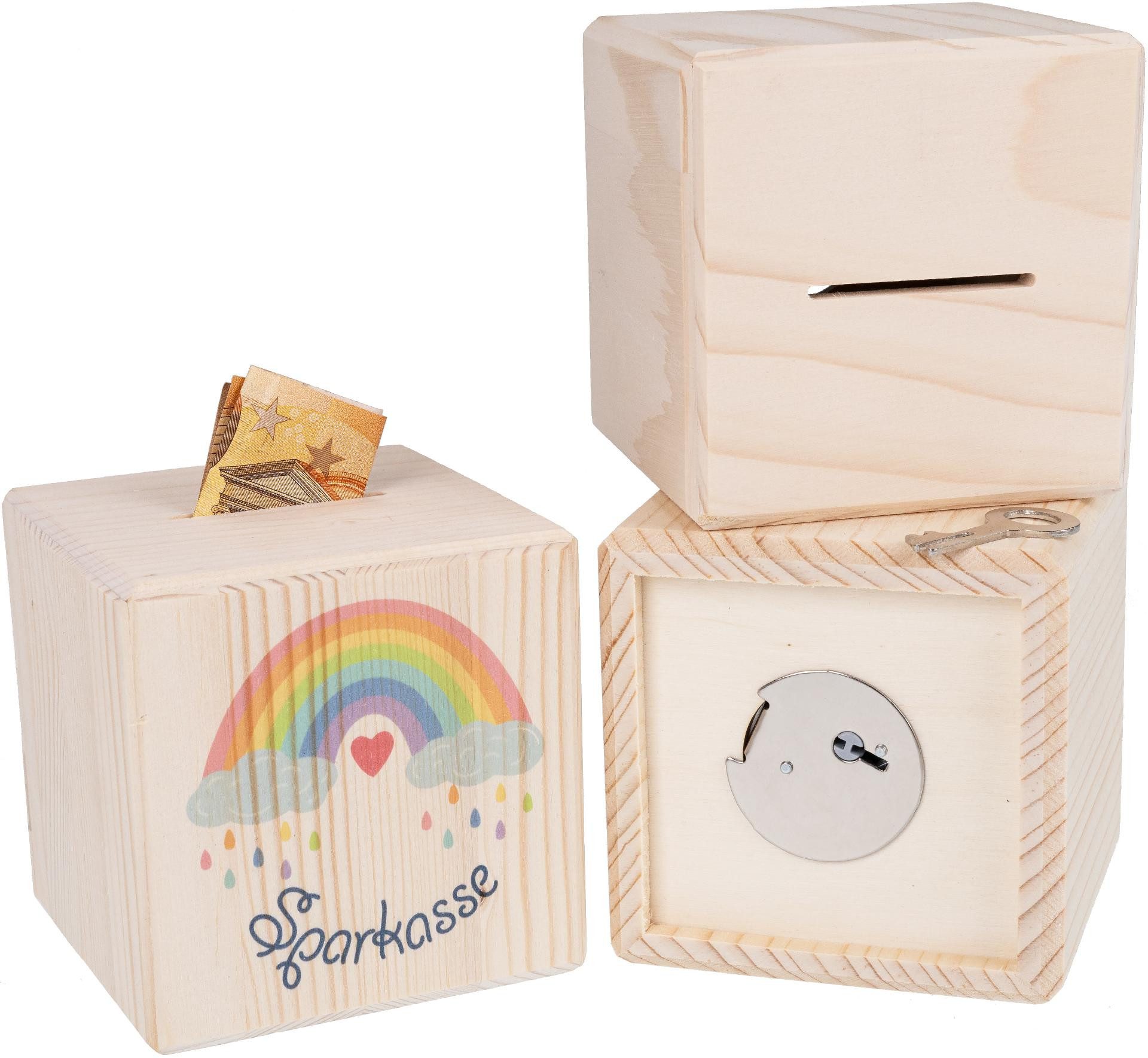Holz Frank Spardose Holz Spardose Würfel mit Metallschloss - Regenbogen für Kinder, (3-tlg)