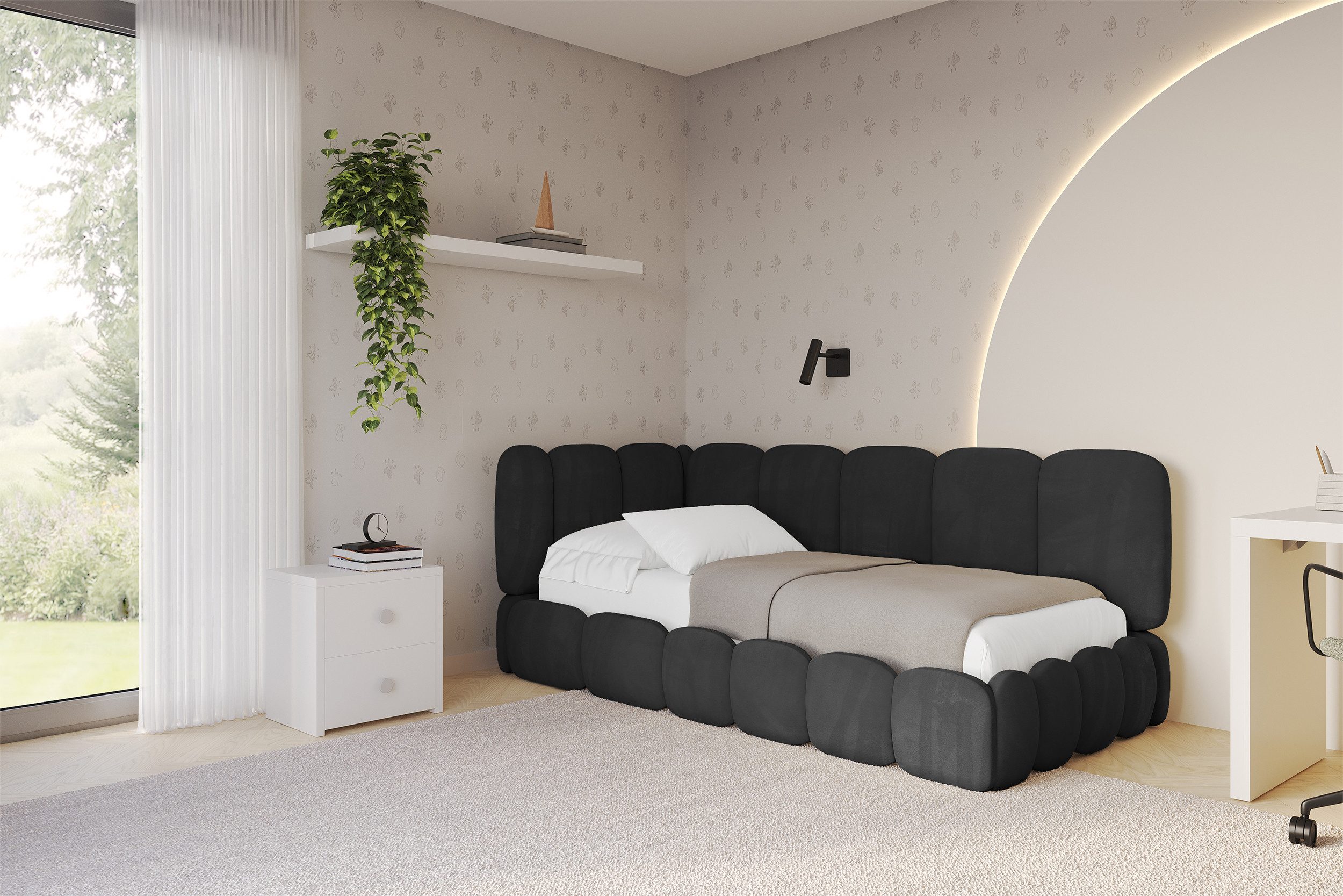 ALTDECOR Jugendbett AVRY (Jugendbett mit Bettkasten und Lattenrost, Polsterbett ohne Matratze), Einzelbett mit Stauraum, Bett mit Kopfteil