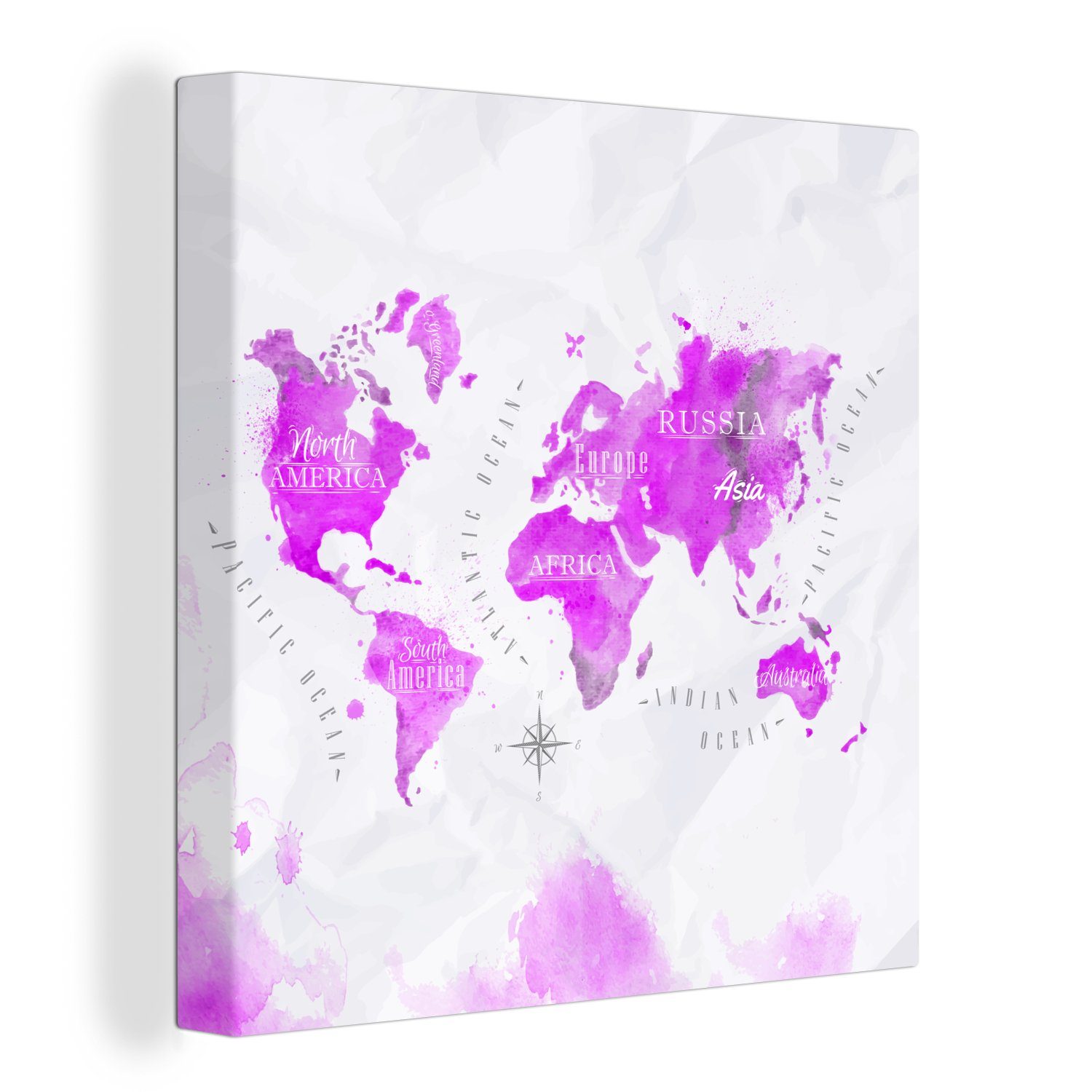 OneMillionCanvasses® Leinwandbild Weltkarte - Rosa - Abstrakt, (1 St), Leinwand Bilder für Wohnzimmer Schlafzimmer