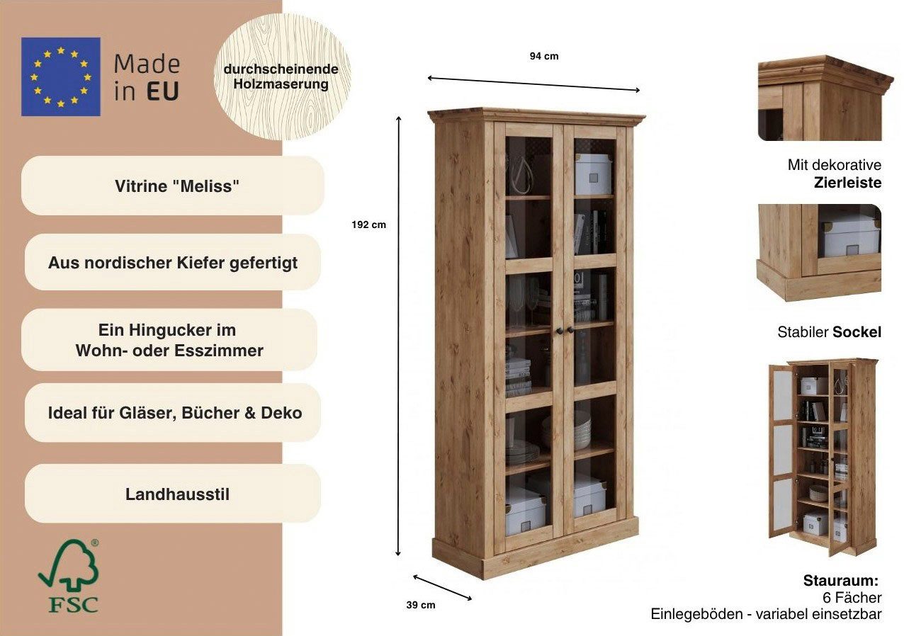 OTTO home Vitrine Melissa aus massiver Kiefer, mit viel Stauraum