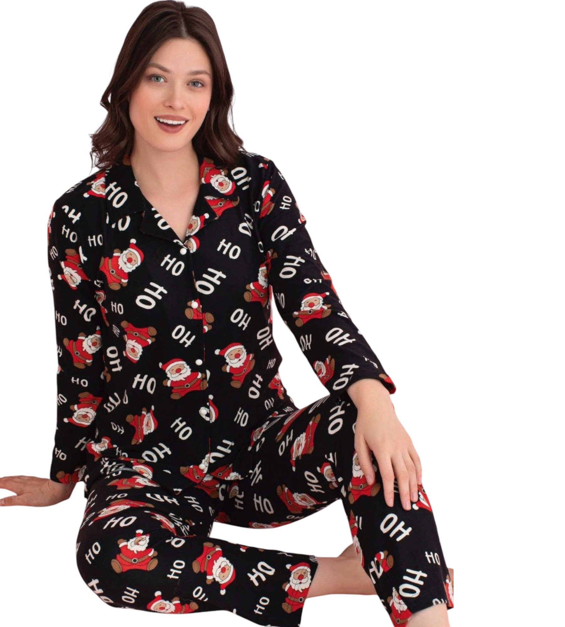 fashionshowcase Pyjama Damen Weihnachts-Schlafanzug Winter Hausanzug Santa Claus Ho Ho Ho (Schlafanzug-Set, Zweiteilig (Oberteil und Hose)