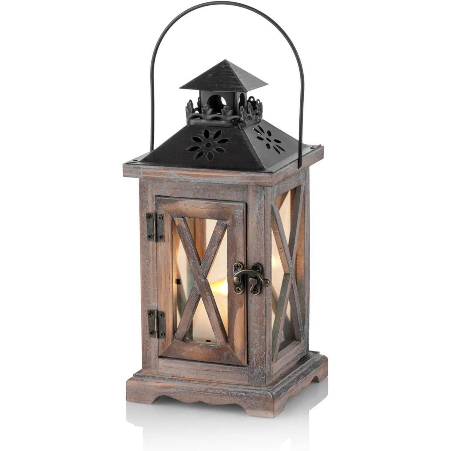 LuxusKollektion Kerzenlaterne Laterne Windlicht Kerzenhalter Holz Metall Hochzeit 28cm Antik Braun