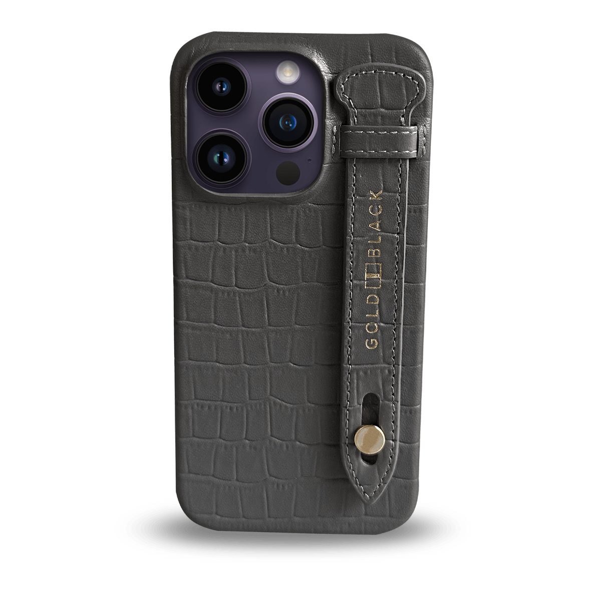 GOLDBLACK Handyhülle iPhone 14 Pro Slim Lederhülle Kroko-Prägung Grau mit Fingerschlaufe
