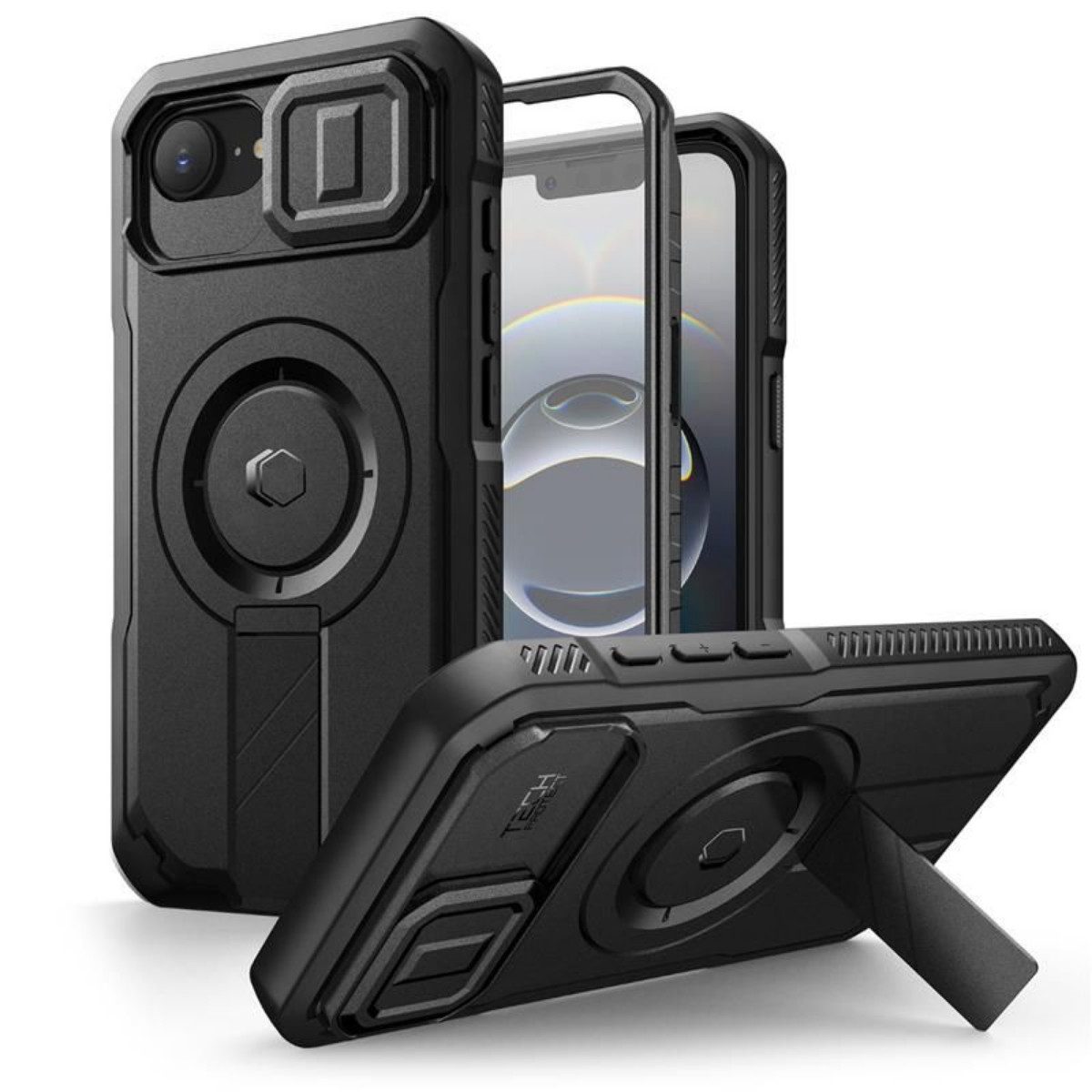 TECH PROTECT Handyhülle Kevlar Case mit Magnetfunktion Kompatibel mit iPhone 16e Schwarz 6.1, 360° Rundumschutz mit integriertem Ständer