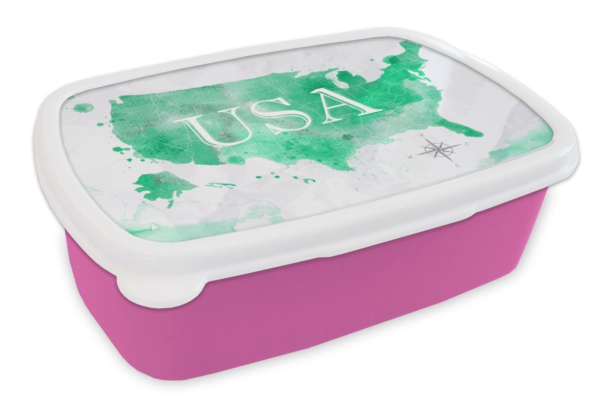 MuchoWow Lunchbox Weltkarte - Vereinigte Staaten - Grün, Kunststoff, (2-tlg), Brotbox für Erwachsene, Brotdose Kinder, Snackbox, Mädchen, Kunststoff rosa