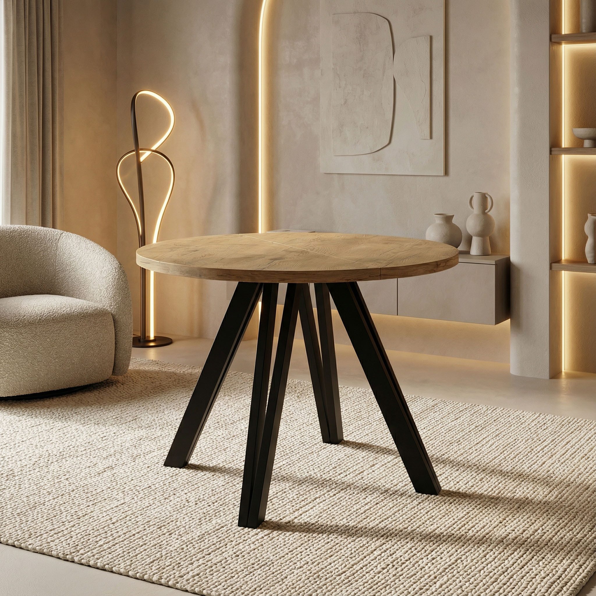 WFL GROUP Esstisch Ravano ausziehbar rund modern mit Schwarzen Holzbeinen (MADE IN EU, drei Größen – 100 cm, ausziehbar auf 140/180 cm), platzsparender Tisch für kleine Küche, Esszimmer oder Wohnzimmer