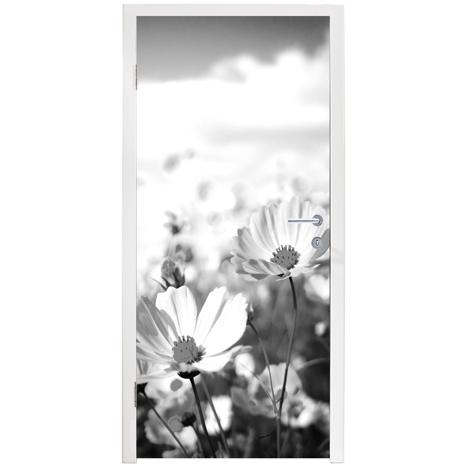 Fototapete Türaufkleber, - Blumen Blau, Wolken bedruckt, - - St), - (1 75x205 Tür, MuchoWow Gras Matt, Wiese Türtapete Weiß cm Lila für - -