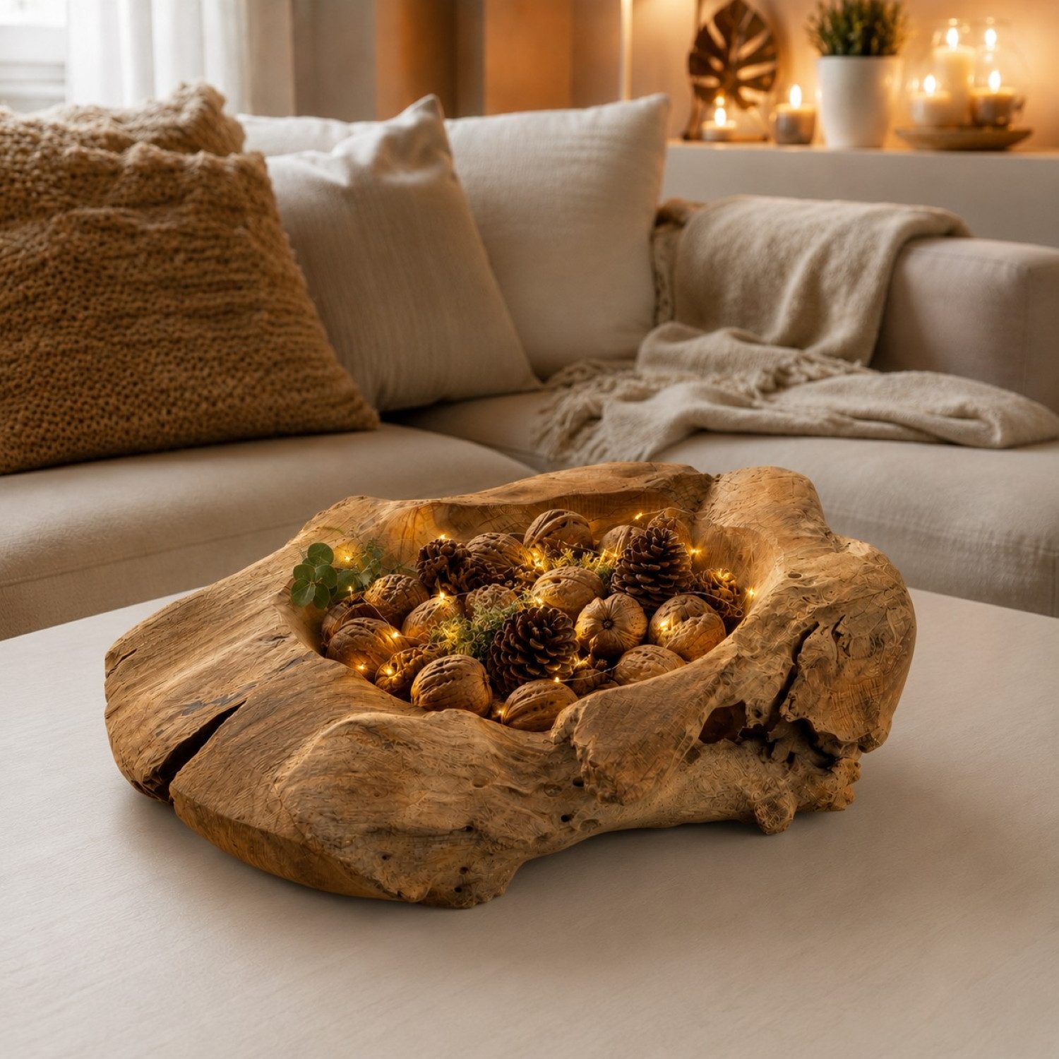 Online-Fuchs Dekoschale XL aus Teakholz, Obstschale - Dekoration für Wohnzimmer & Küche (jede Schale ein Unikat, 40 bis 45 cm groß), massives Teakholz, rustikaler Charme, Natur durch und durch