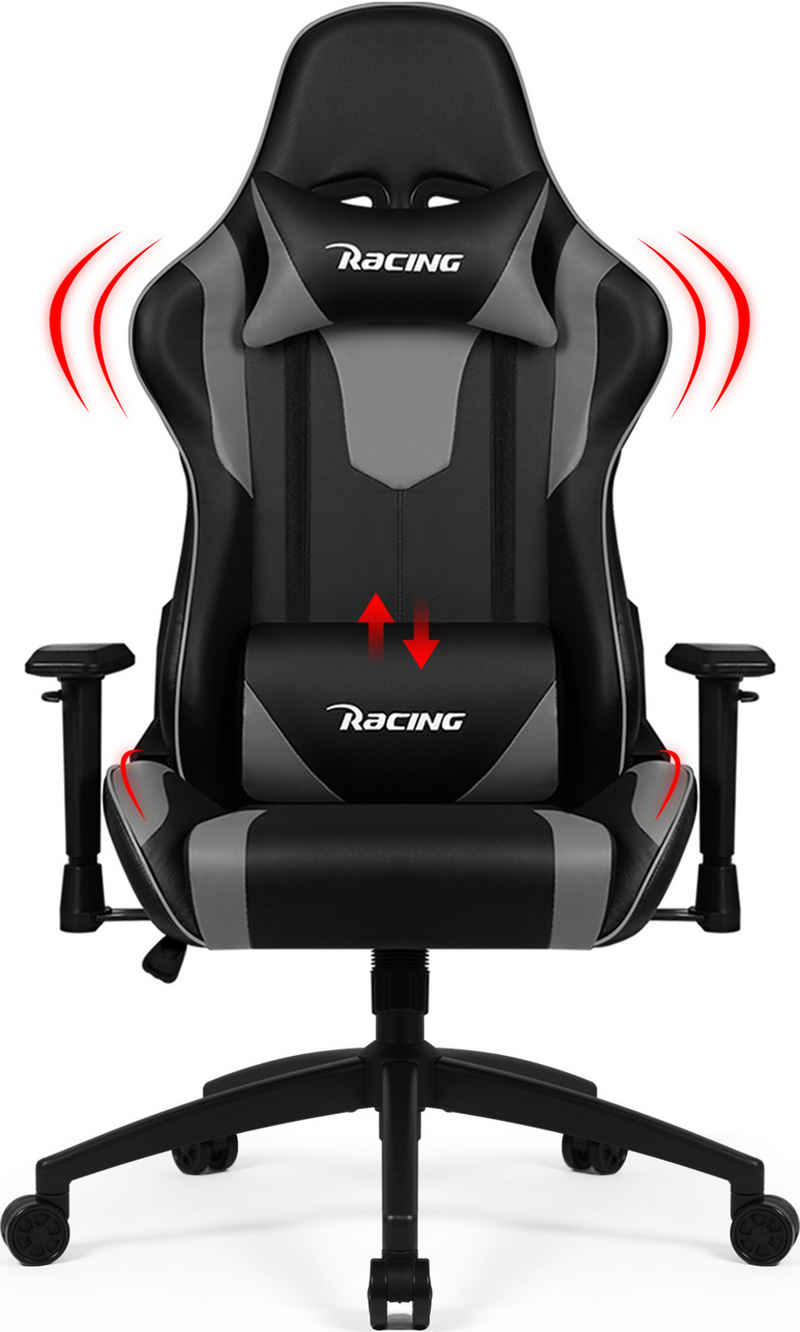 Authmic Gaming-Stuhl Gaming Stuhl, Bürostuhl (Ergonomischer Schreibtischstuhl (mit verstellbare Kopfstütze und Lendenwirbelstütze, Computerstuhl mit Lendenkissen,Gamer Stuhl Wippfunktion 90°-165°, PC Gamer Racing Stuhl bis 150kg)