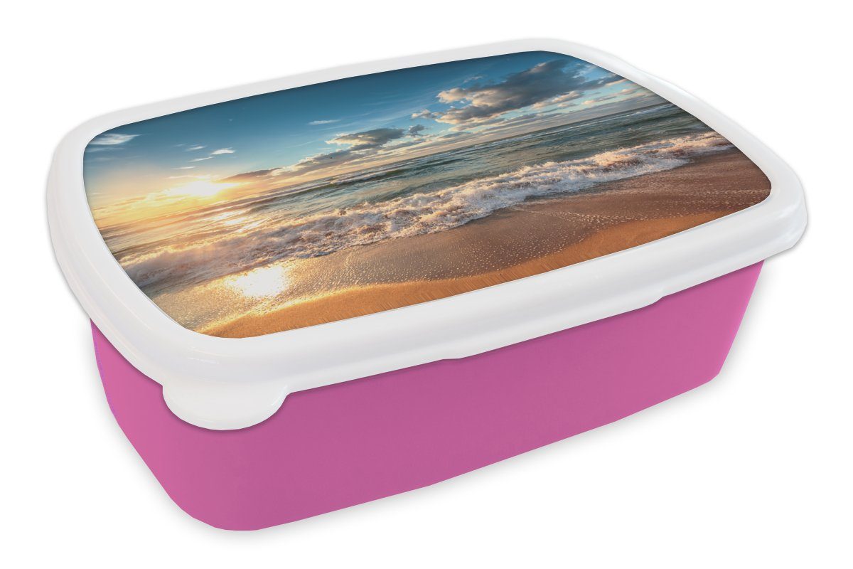 Kunststoff MuchoWow Mädchen, rosa Brotbox Lunchbox Kunststoff, Meer Kinder, (2-tlg), Snackbox, Erwachsene, - Strand Brotdose - Sonnenuntergang, für